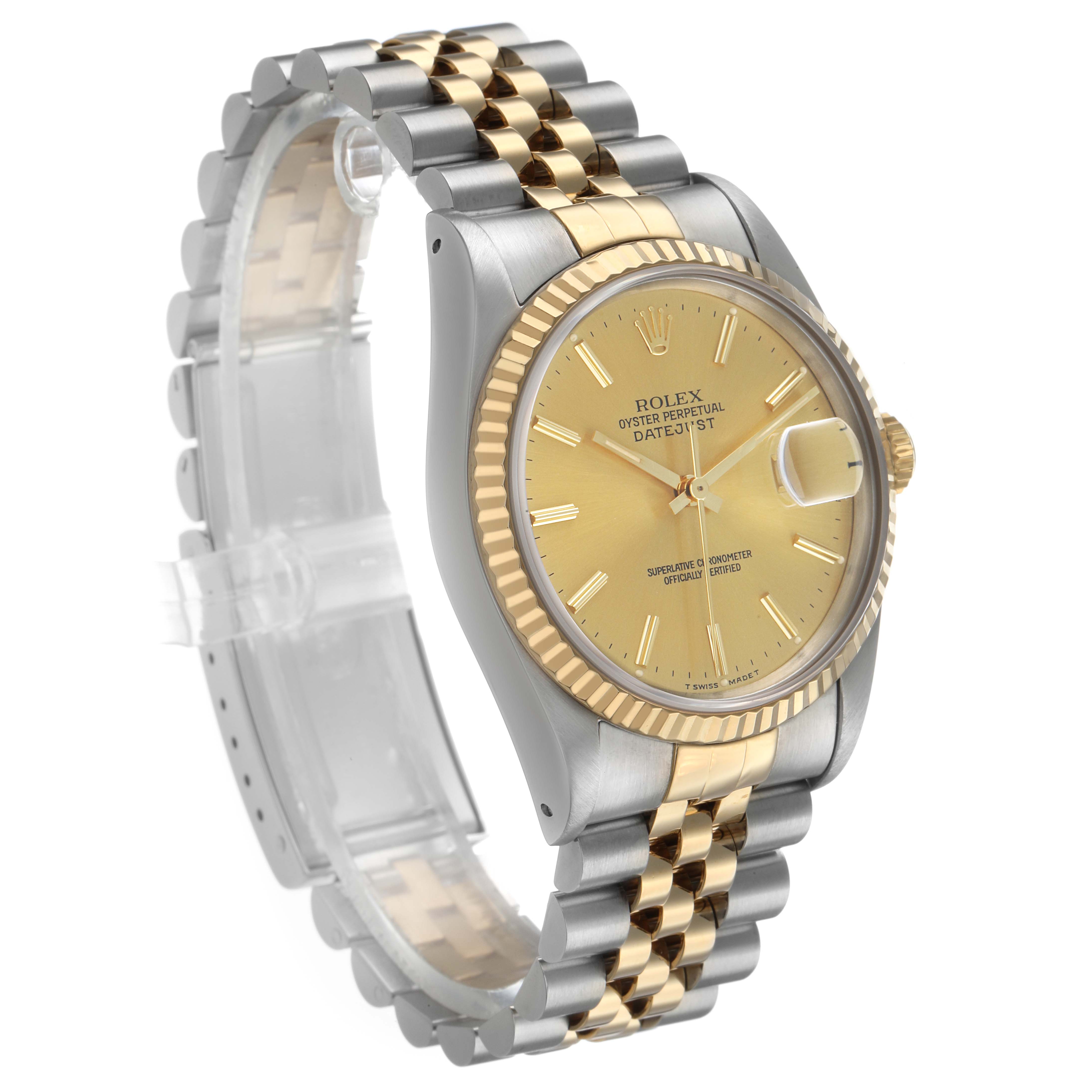 The Rolex Datejust 16233 Men's Steel and Gold (two tone) Champagne Dial watch is shown at a three-quarter angle, highlighting the dial, bezel, and bracelet.