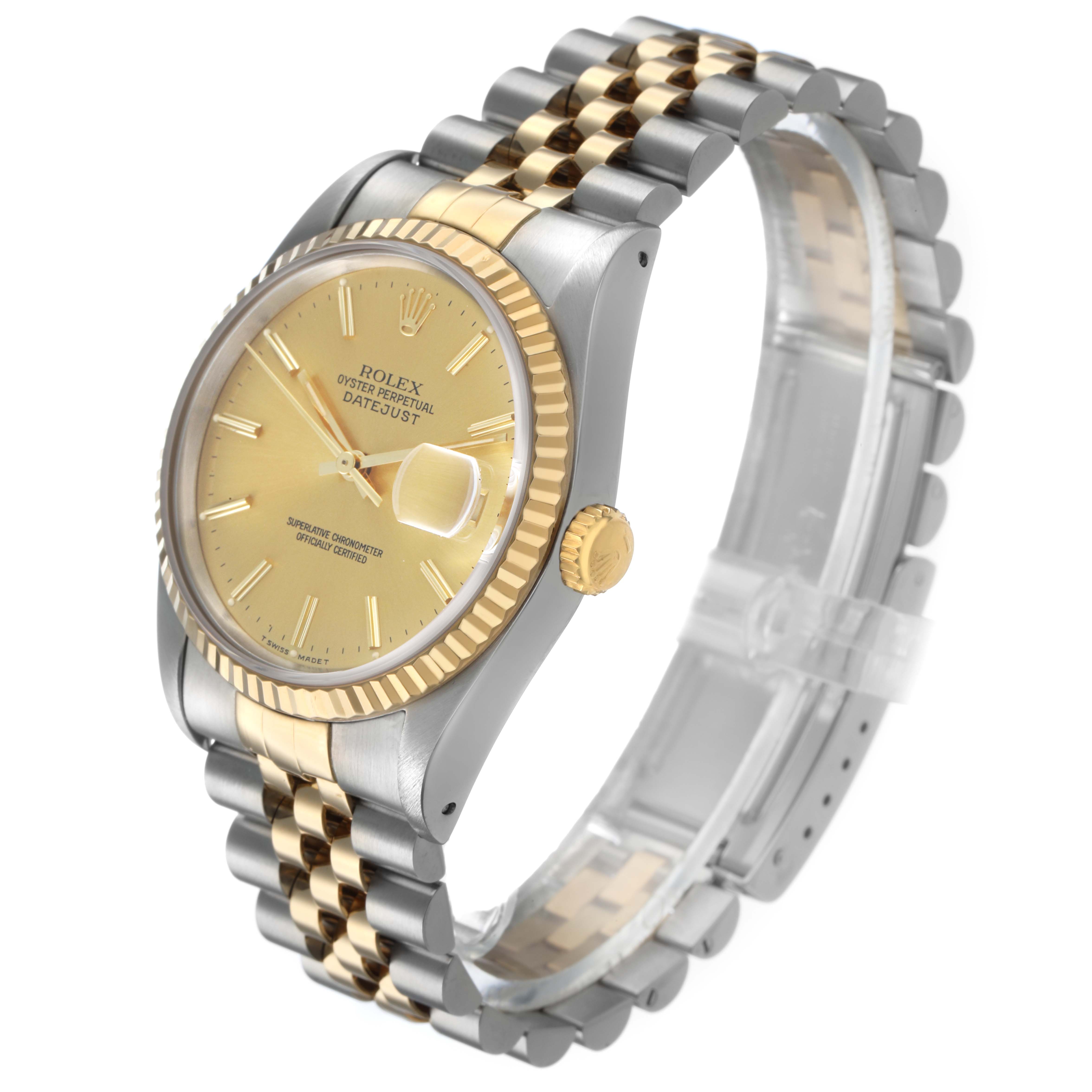 The Rolex Datejust 16233 Men's Steel and Gold (two tone) Champagne Dial watch is shown from a three-quarter perspective, highlighting its dial, bezel, and Jubilee bracelet.