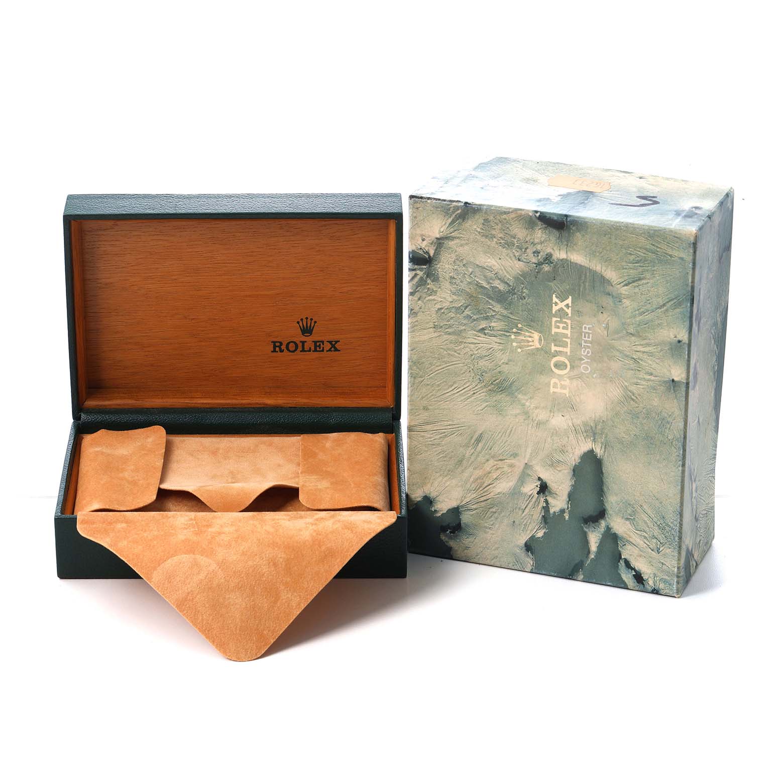 The image shows a Rolex Datejust 16233 Men's Steel and Gold (two tone) Champagne Dial box set with an open wooden interior and an outer textured box featuring the brand logo.