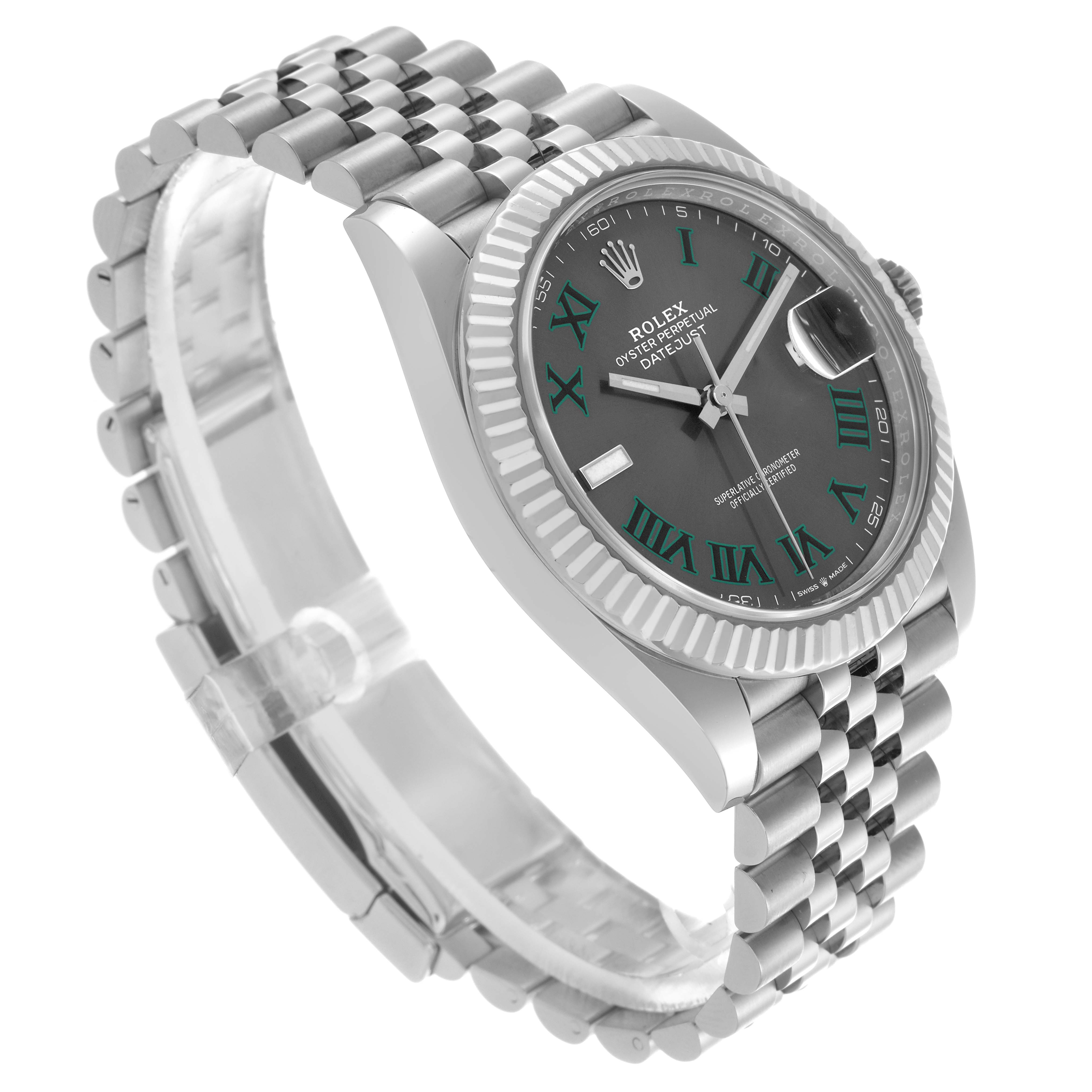 The Rolex Datejust 41 126334 Men's Stainless Steel Grey Dial 126334 Men's Stainless Steel Grey Dial is shown at an angle highlighting the dial, fluted bezel, and Jubilee bracelet.