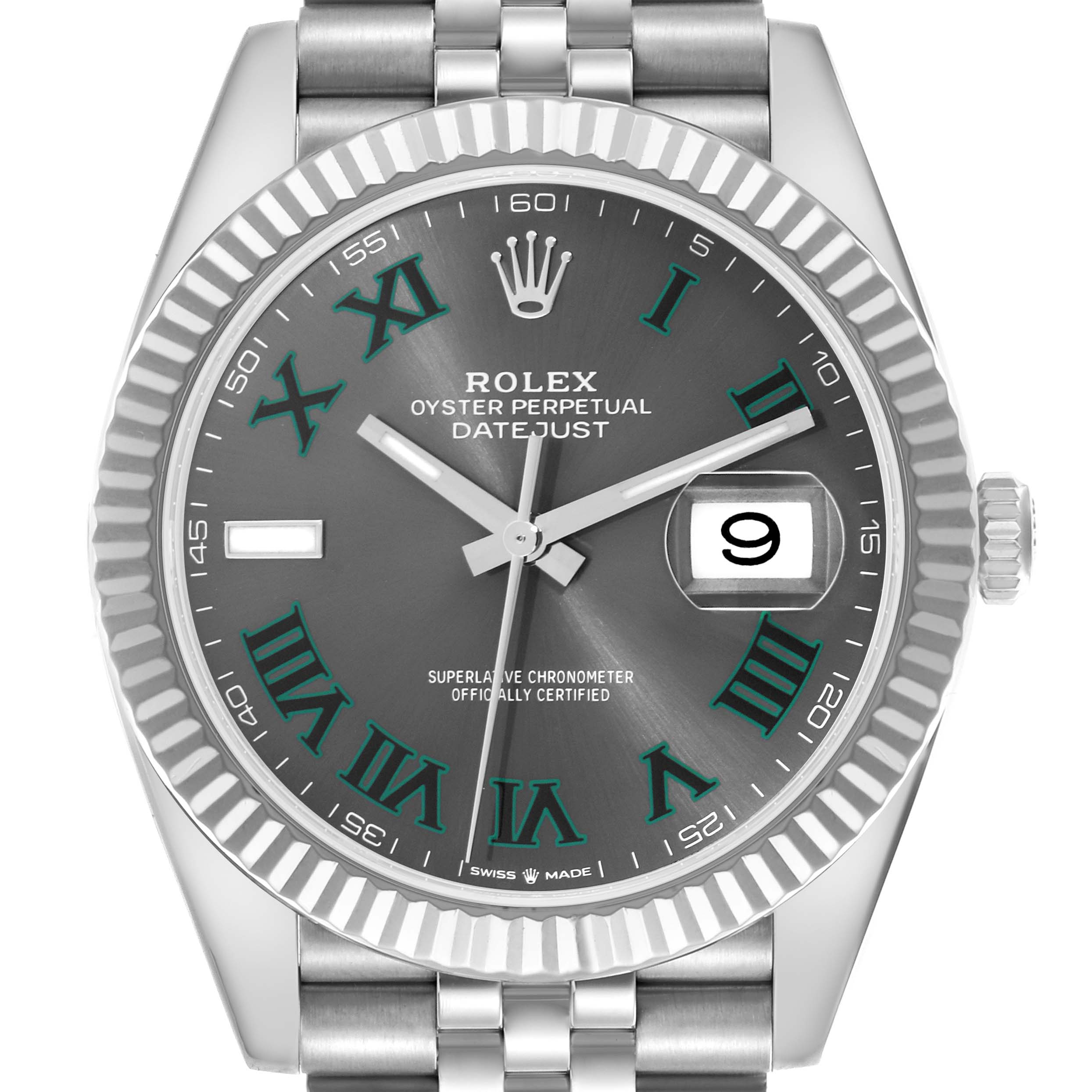 The image shows a front view of the Rolex Datejust 41 126334 Men's Stainless Steel Grey Dial 126334 Men's Stainless Steel Grey Dial, highlighting the dial, bezel, and bracelet.