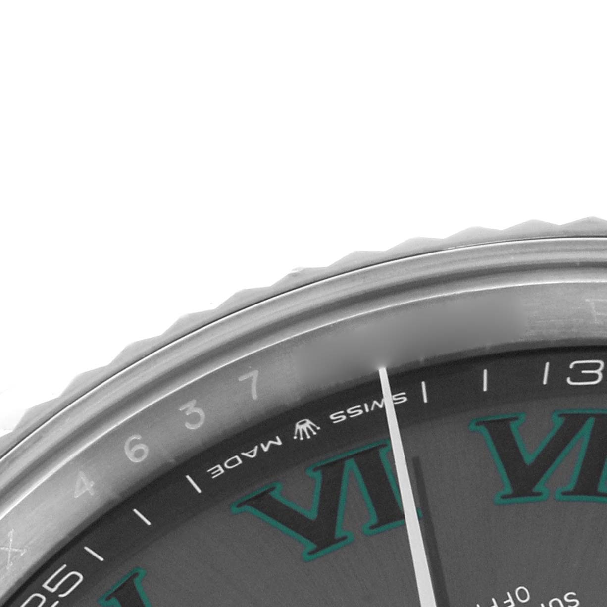 The image shows a close-up of the bezel and dial edge of a Rolex Datejust 41 126334 Men's Stainless Steel Grey Dial 126334 Men's Stainless Steel Grey Dial, highlighting Roman numerals and the “SWISS MADE” inscription.