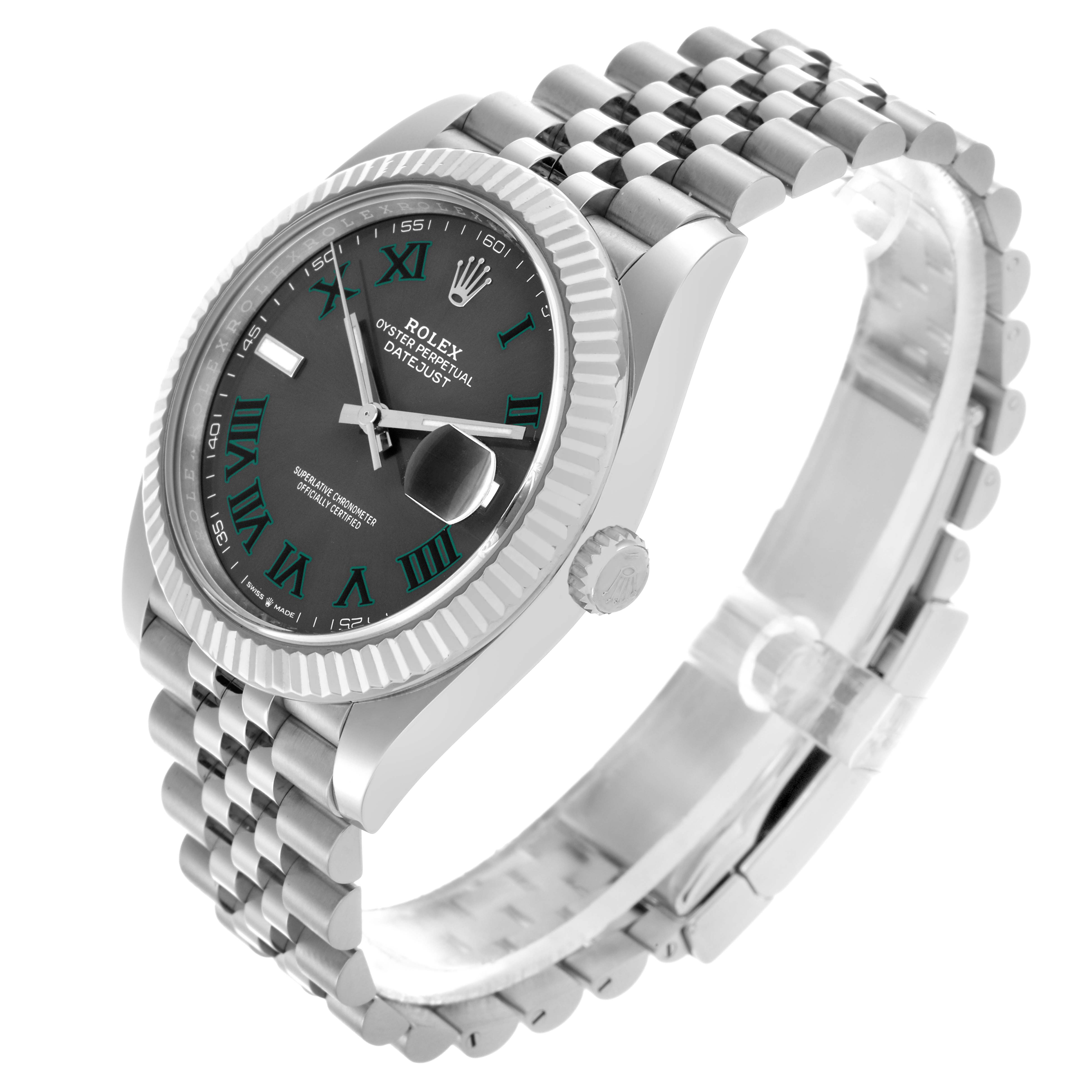 The Rolex Datejust 41 126334 Men's Stainless Steel Grey Dial 126334 Men's Stainless Steel Grey Dial is shown at a three-quarter angle, displaying the face, bezel, crown, and part of the Jubilee bracelet.