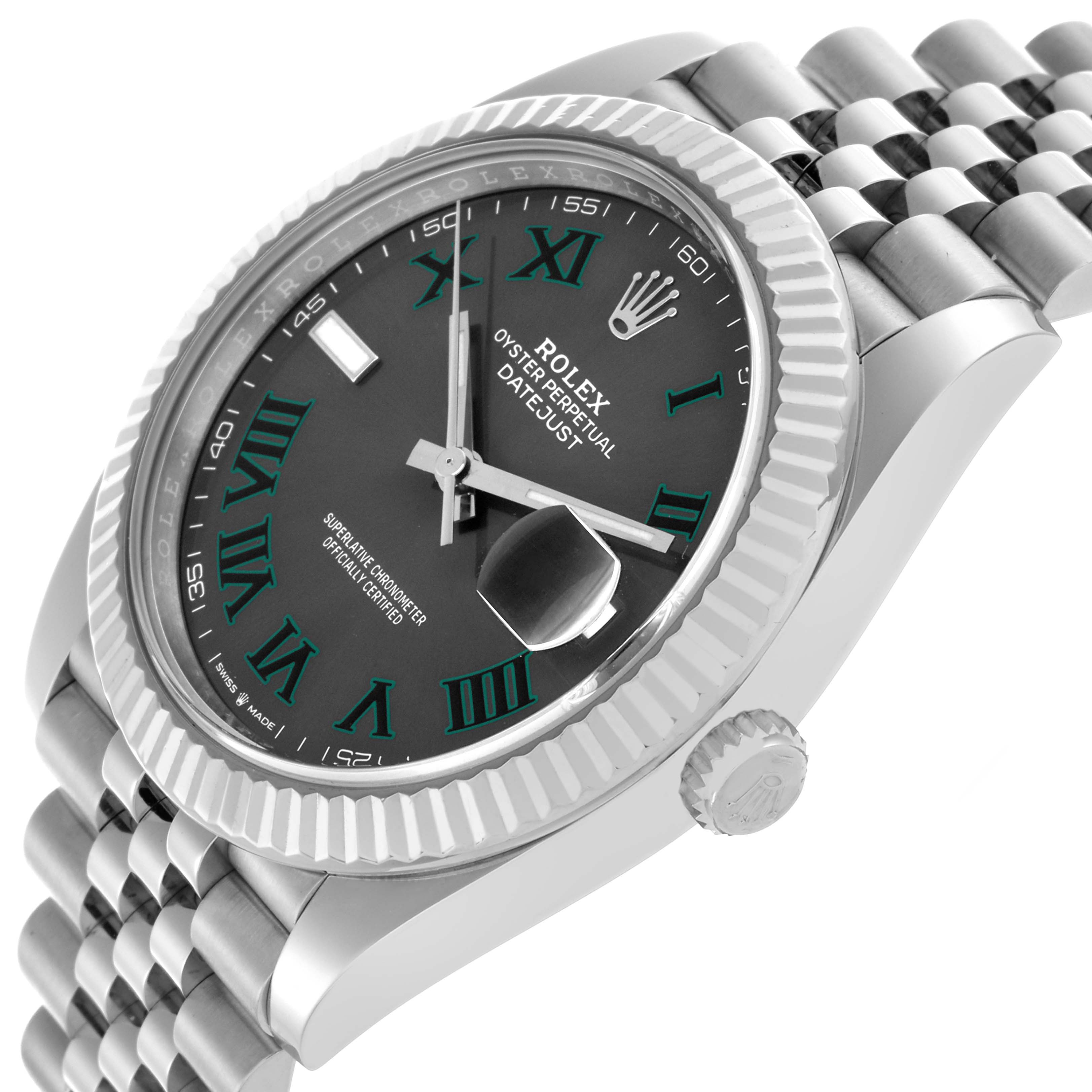 The Rolex Datejust 41 126334 Men's Stainless Steel Grey Dial 126334 Men's Stainless Steel Grey Dial is shown at a three-quarter angle, highlighting the bezel, crown, and part of the Jubilee bracelet.
