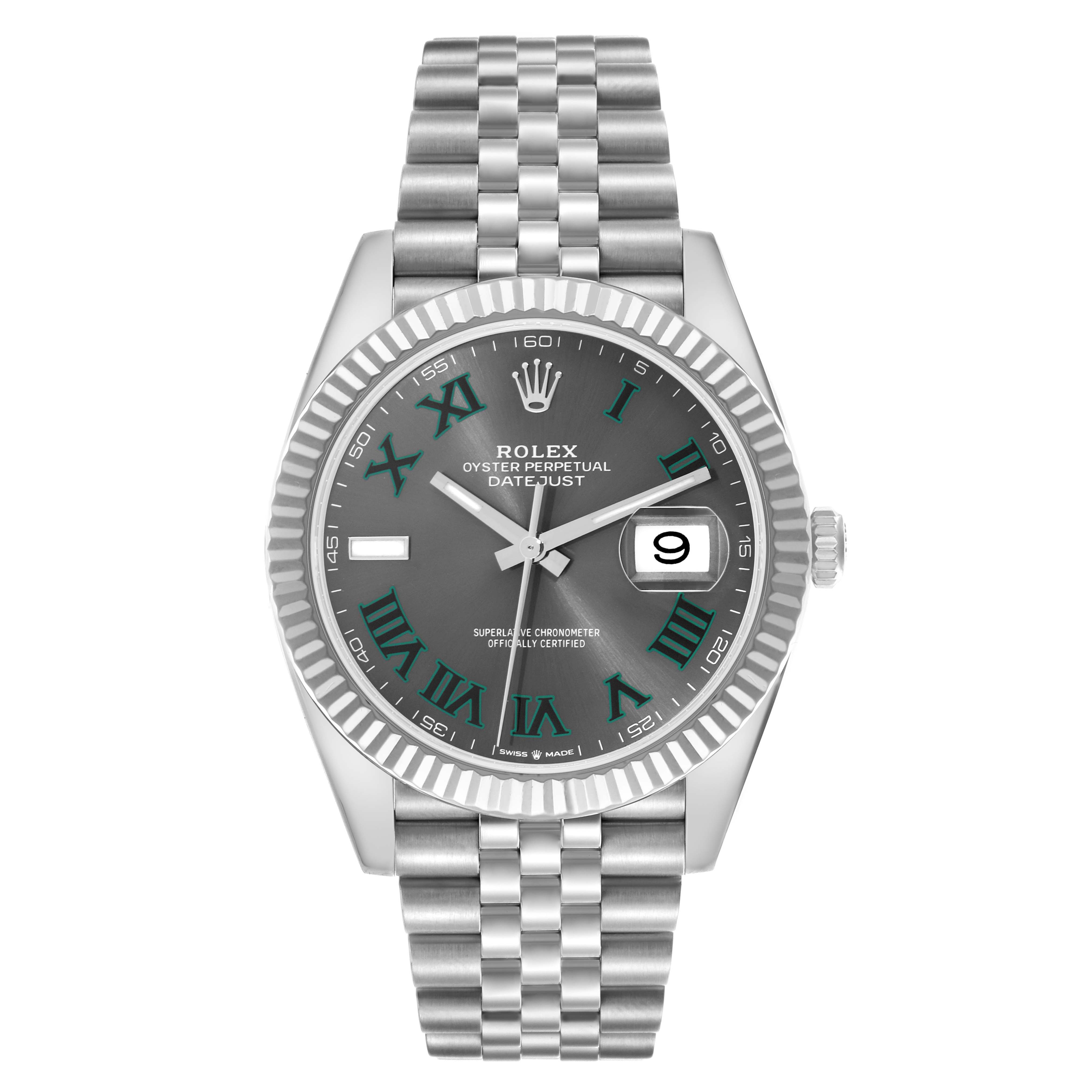The Rolex Datejust 41 126334 Men's Stainless Steel Grey Dial 126334 Men's Stainless Steel Grey Dial is shown from the front, highlighting the dial, fluted bezel, Jubilee bracelet, and date window.