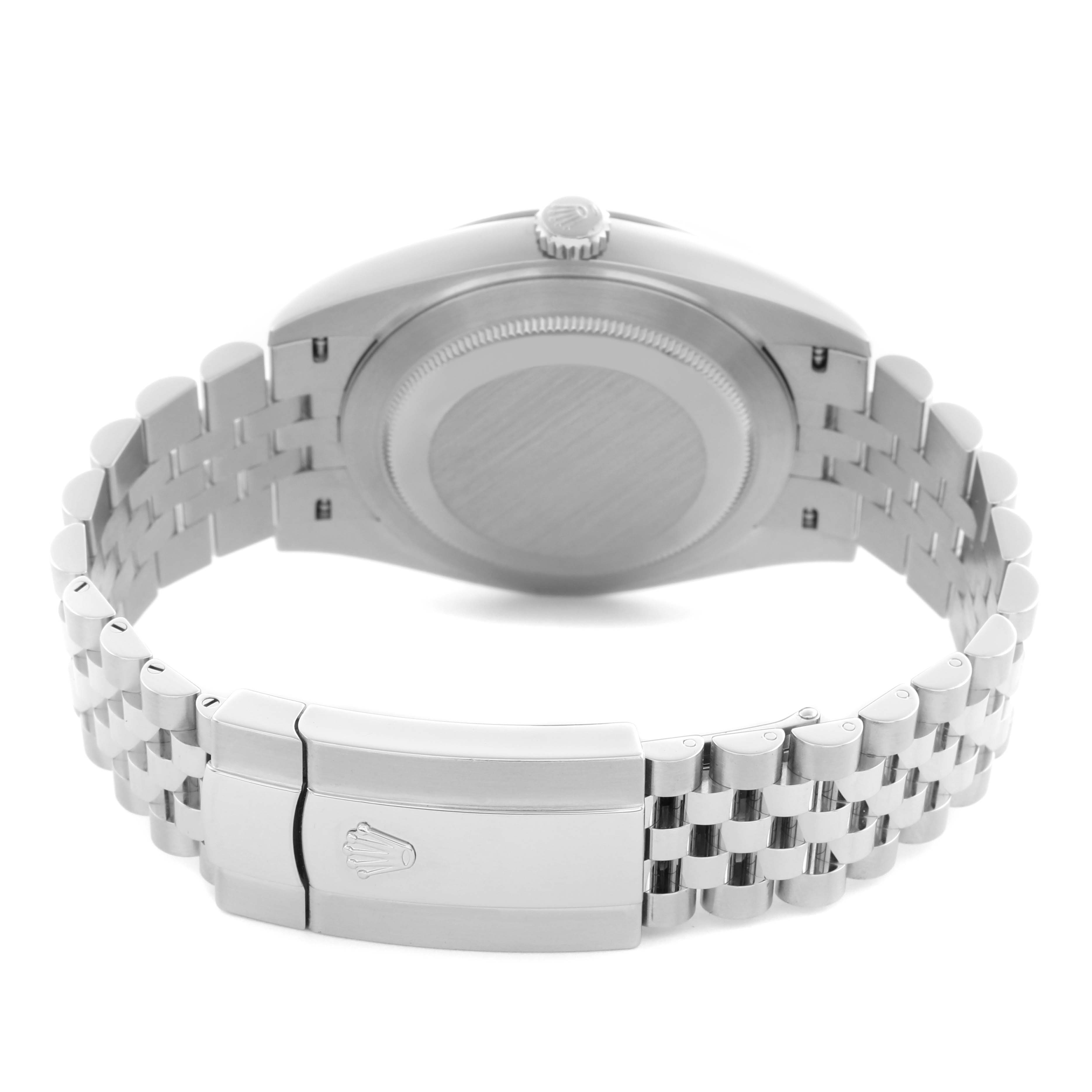 The image shows the back view of a Rolex Datejust 41 126334 Men's Stainless Steel Grey Dial 126334 Men's Stainless Steel Grey Dial, highlighting the case back and clasp with a jubilee bracelet.