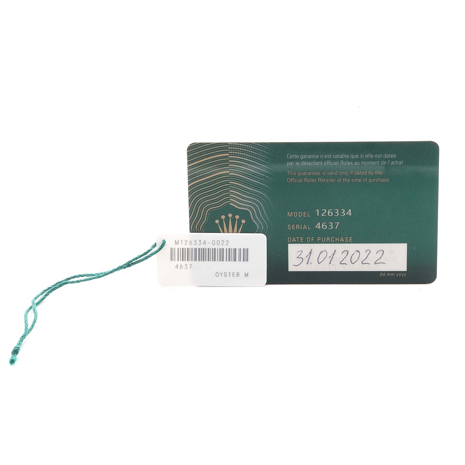 The image shows the warranty card and tag for a Rolex Datejust 41 126334 Men's Stainless Steel Grey Dial 126334 Men's Stainless Steel Grey Dial, model 126334, with purchase details.