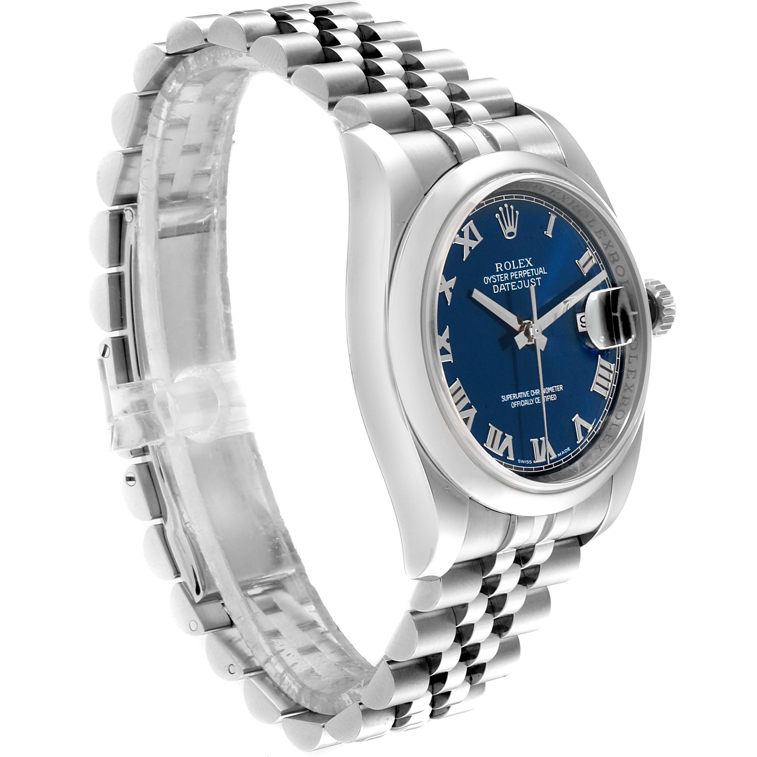 This image shows a Rolex Datejust 116200 Men's Stainless Steel Blue Dial 116200 Men's Stainless Steel Blue Dial watch at an angled side view, highlighting the bracelet, bezel, and blue dial with Roman numerals.