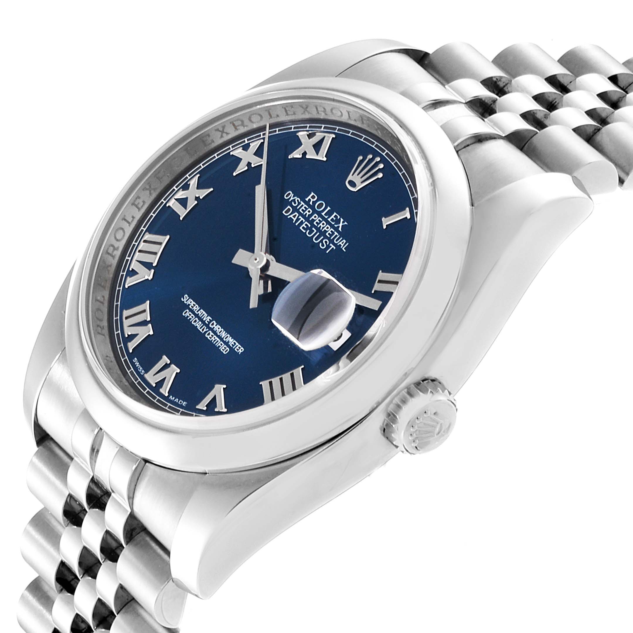 The Rolex Datejust 116200 Men's Stainless Steel Blue Dial 116200 Men's Stainless Steel Blue Dial watch is shown from a side angle highlighting the dial, bezel, crown, and part of the jubilee bracelet.
