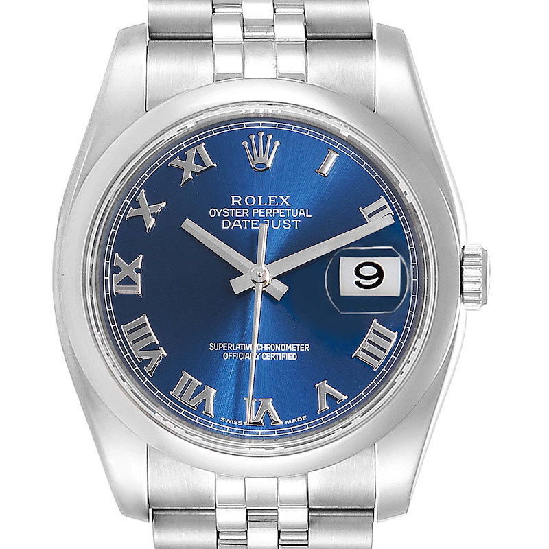 Rolex Datejust Blue Roman Dial Domed Bezel Steel Mens Watch 116200 SwissWatchExpo