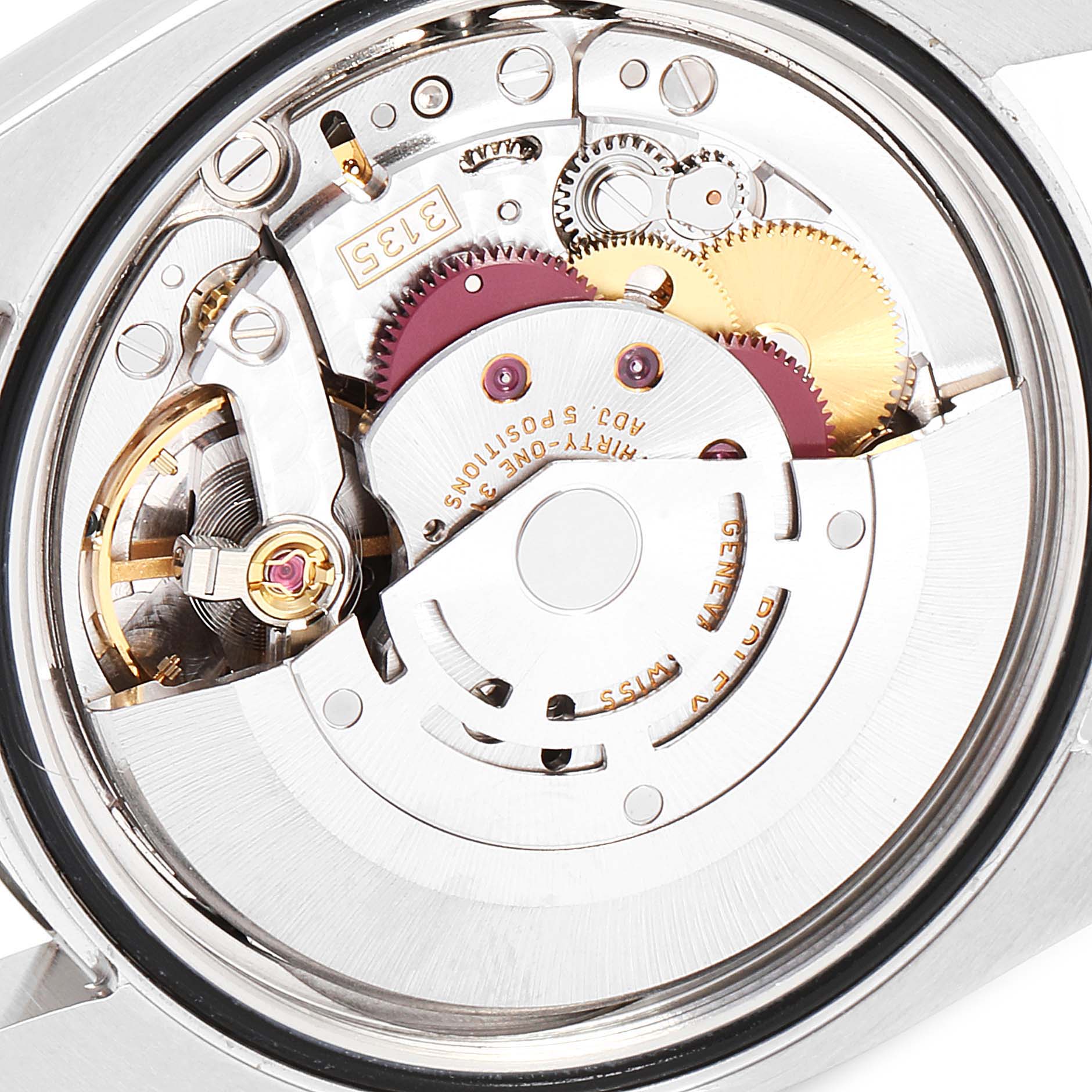 This image shows the internal mechanical movement of the Rolex Datejust 116200 Men's Stainless Steel Blue Dial 116200 Men's Stainless Steel Blue Dial watch, including various gears and components.