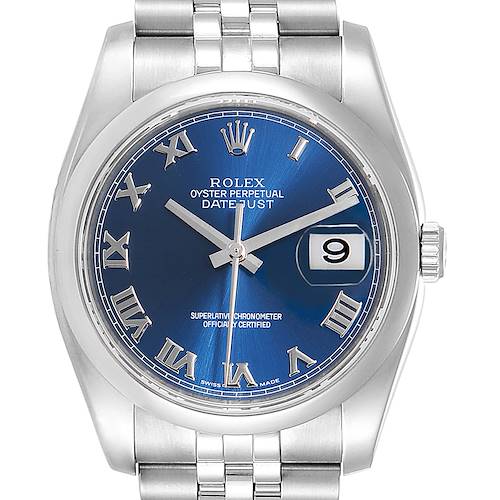 This image shows a front view of a Rolex Datejust watch, highlighting its blue dial, Roman numerals, and date window.