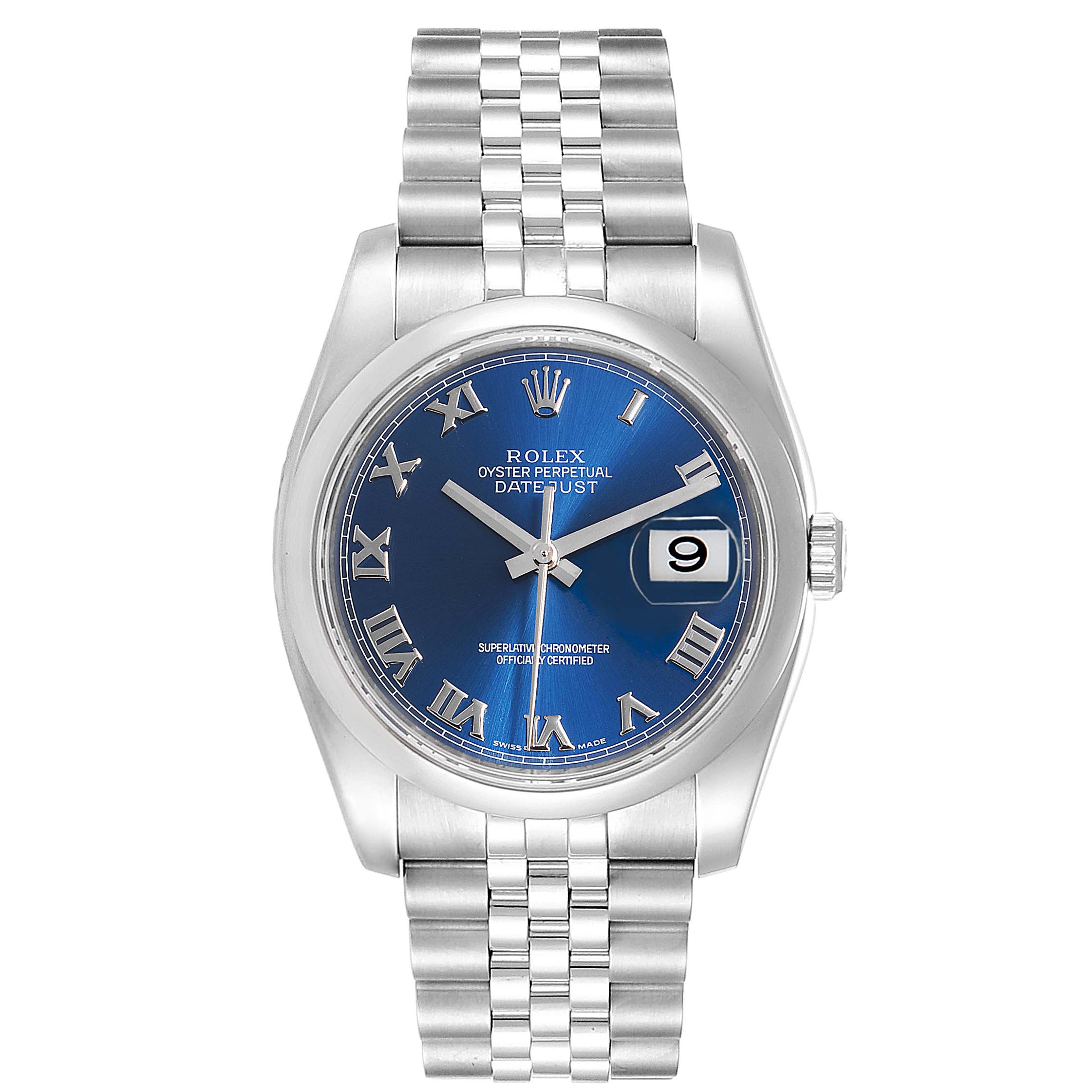 The image shows a front view of a Rolex Datejust 116200 Men's Stainless Steel Blue Dial 116200 Men's Stainless Steel Blue Dial watch with a blue dial, Roman numerals, and a silver bracelet.