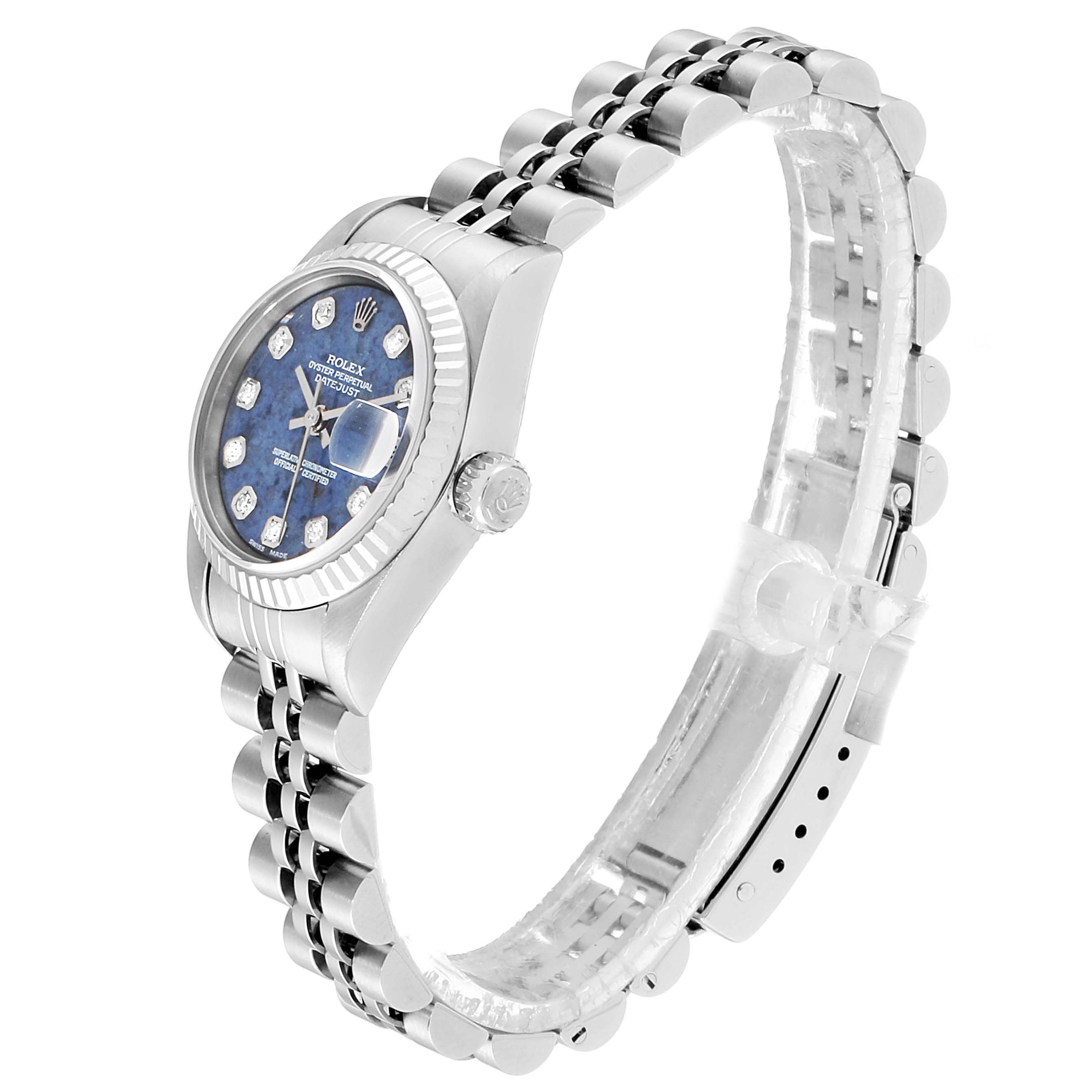 The image shows a side view and partial front view of a Rolex Datejust 79174 Women
s Stainless Steel Blue Dial 79174 Women
s Stainless Steel Blue Dial watch, highlighting the bracelet, case, crown, and dial.