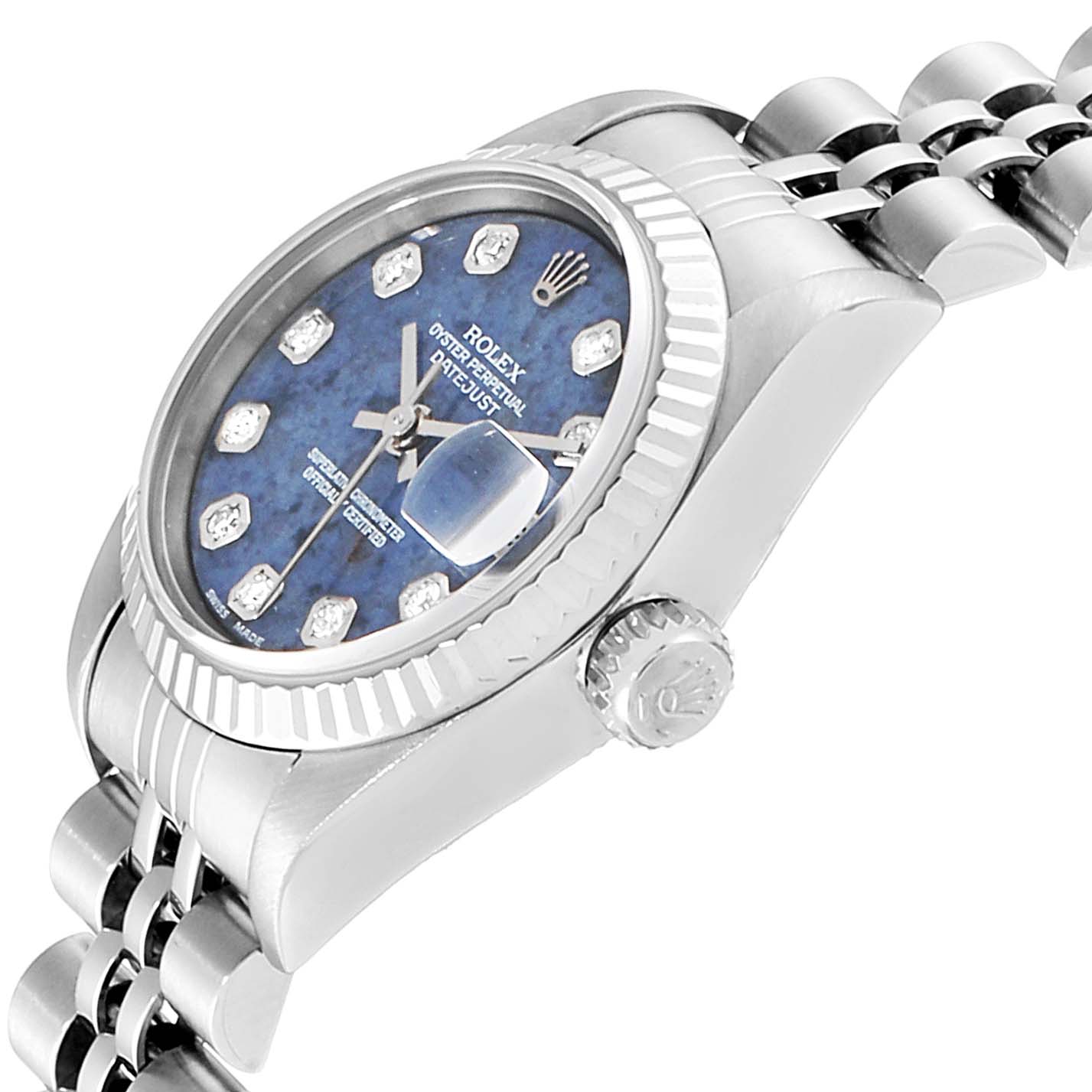 This image shows a side angle of the Rolex Datejust 79174 Women
s Stainless Steel Blue Dial 79174 Women
s Stainless Steel Blue Dial watch, highlighting the dial, bezel, crown, and a portion of the bracelet.