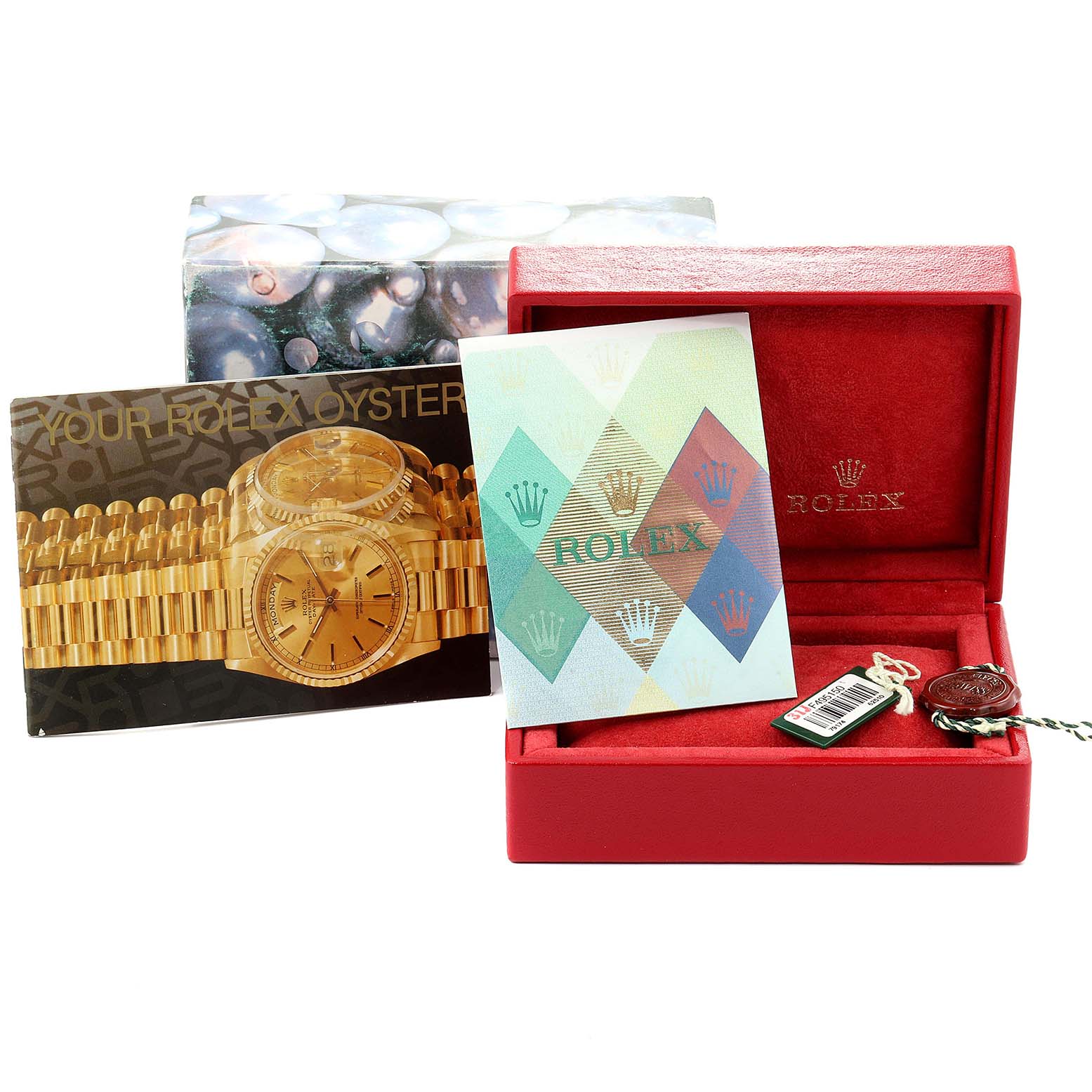The image shows the packaging and accessories for a Rolex Datejust 79174 Women
s Stainless Steel Blue Dial 79174 Women
s Stainless Steel Blue Dial model, including the box, tags, and warranty card.