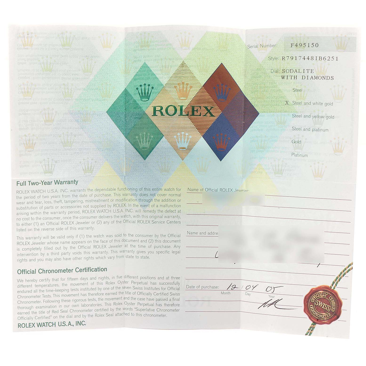 This image shows the warranty and certification document for a Rolex Datejust 79174 Women
s Stainless Steel Blue Dial 79174 Women
s Stainless Steel Blue Dial watch, detailing various model specifications and features.