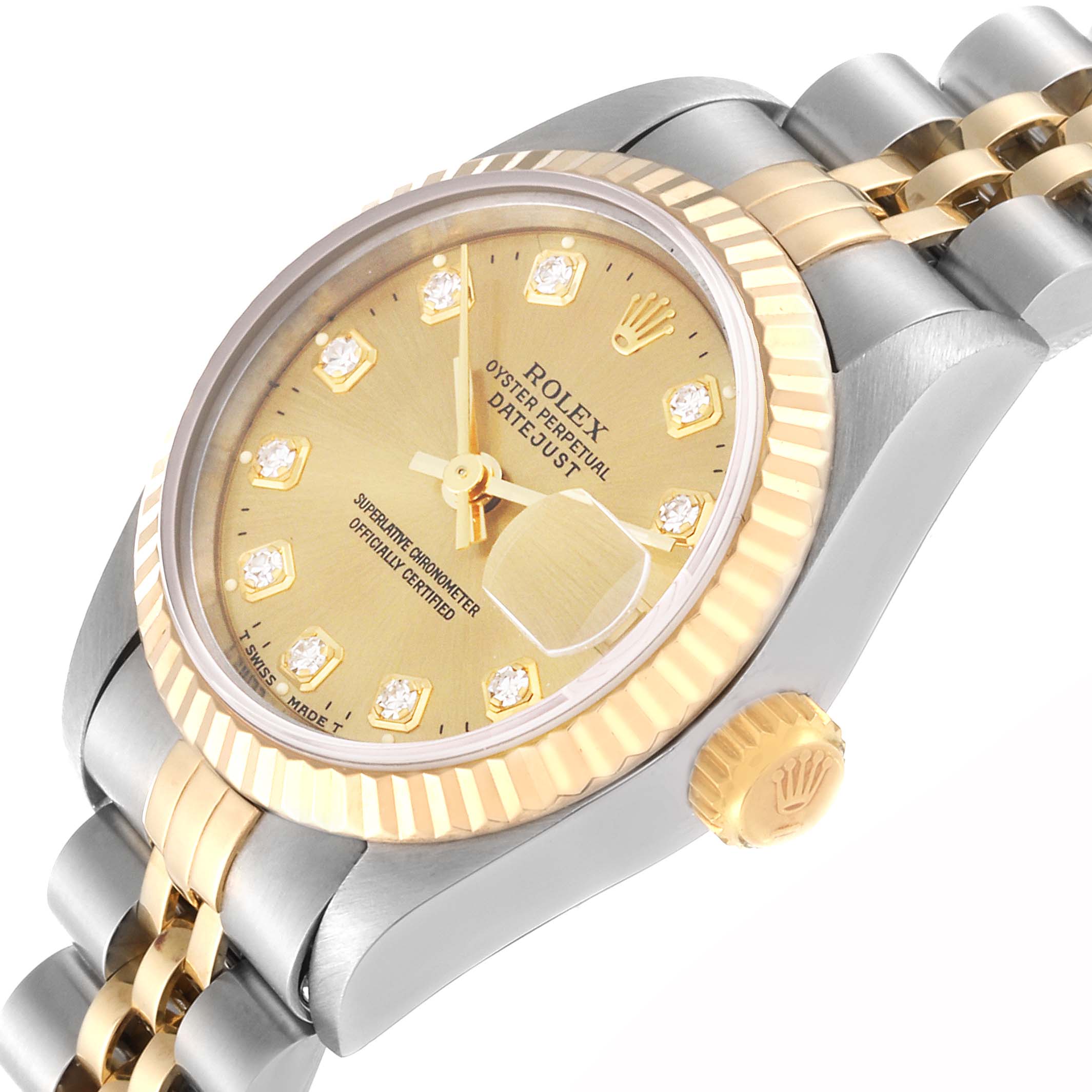 The image shows a close-up side angle of a Rolex Datejust 69173G Women's Steel and Gold (two tone) Champagne Dial 69173G Women's Steel and Gold (two tone) Champagne Dial watch, displaying the dial, bezel, and part of the bracelet.