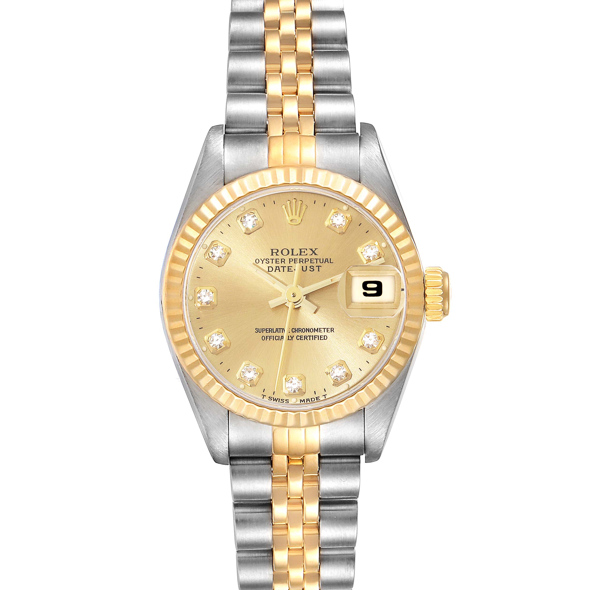 The image shows a top-down view of a Rolex Datejust 69173G Women's Steel and Gold (two tone) Champagne Dial 69173G Women's Steel and Gold (two tone) Champagne Dial watch, featuring a gold dial, date display, and a two-tone metal bracelet.