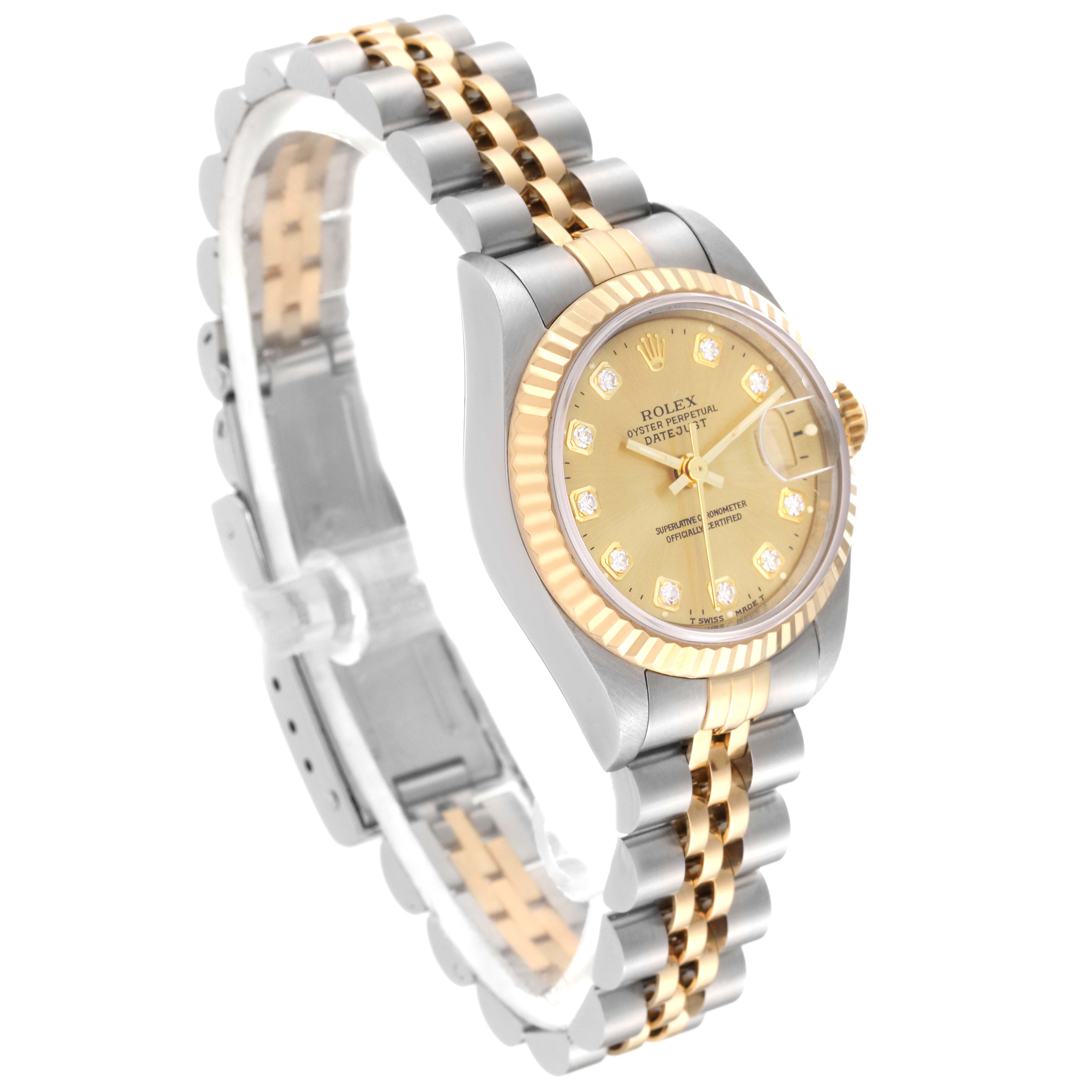 The image shows a Rolex Datejust 69173G Women's Steel and Gold (two tone) Champagne Dial 69173G Women's Steel and Gold (two tone) Champagne Dial watch at a three-quarter angle, highlighting the two-tone bracelet, fluted bezel, and champagne dial.