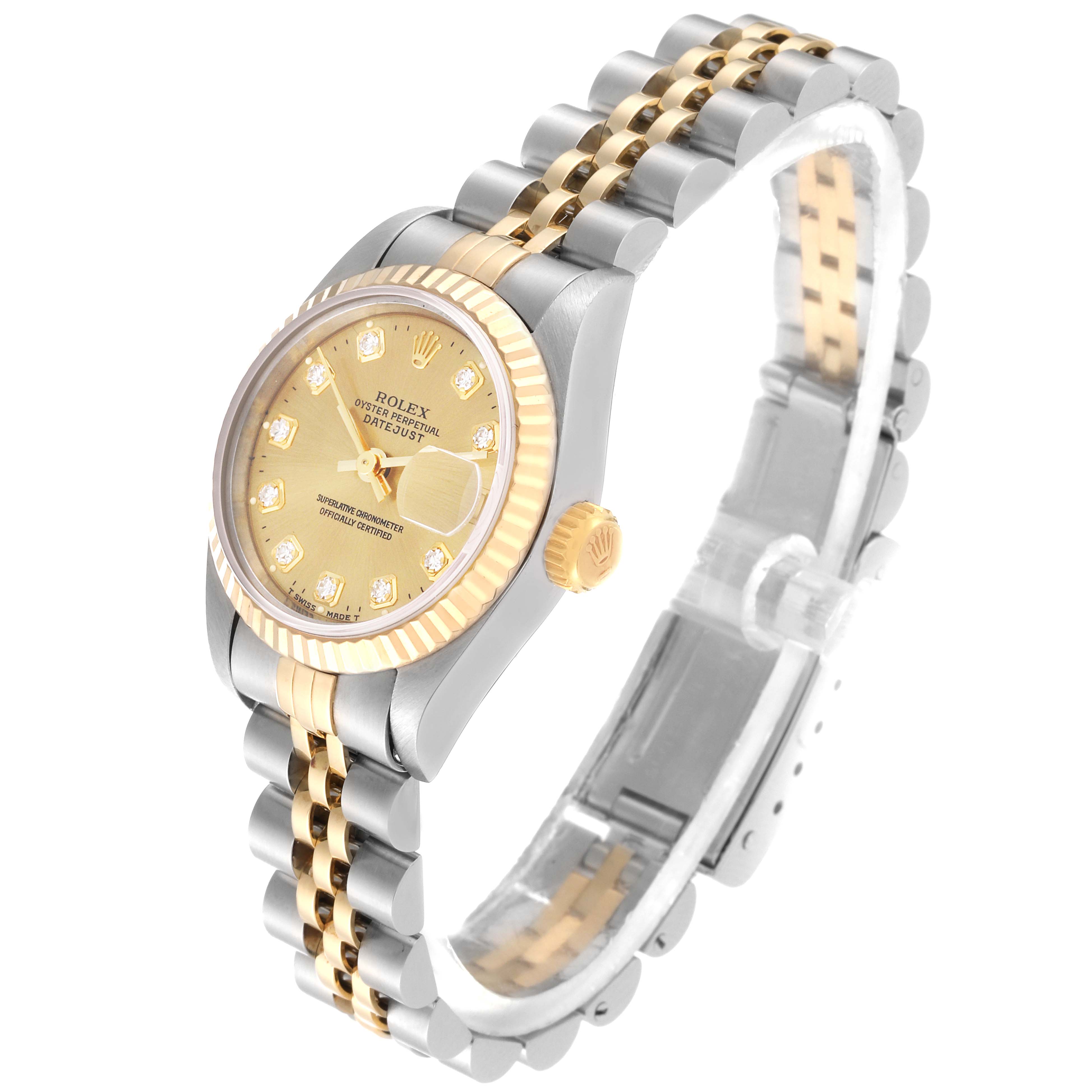 This Rolex Datejust 69173G Women's Steel and Gold (two tone) Champagne Dial 69173G Women's Steel and Gold (two tone) Champagne Dial watch is shown at a three-quarter angle, highlighting the dial, bezel, crown, and bracelet.