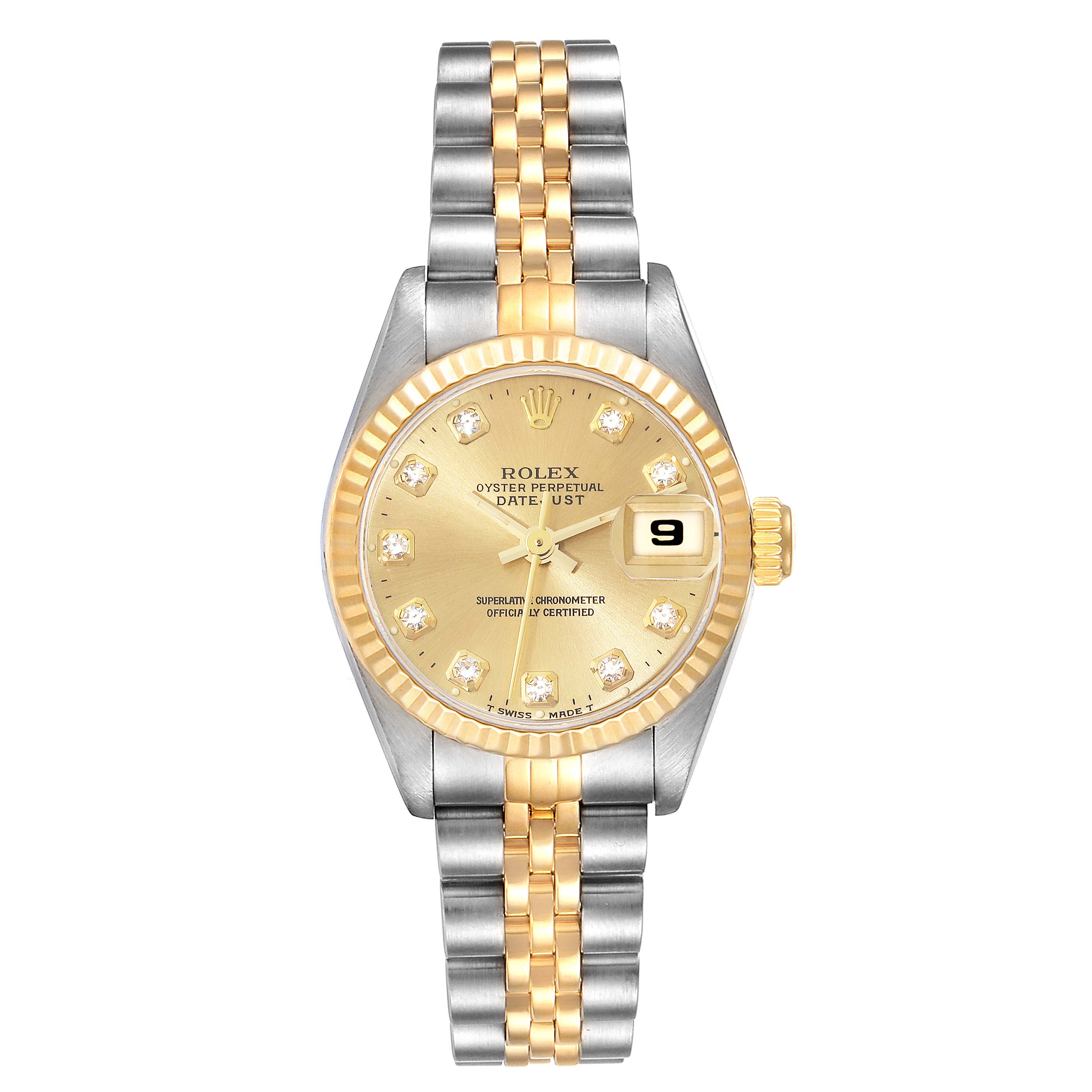 The image shows a front view of a Rolex Datejust 69173G Women's Steel and Gold (two tone) Champagne Dial 69173G Women's Steel and Gold (two tone) Champagne Dial watch, highlighting its gold and silver bracelet and date display.