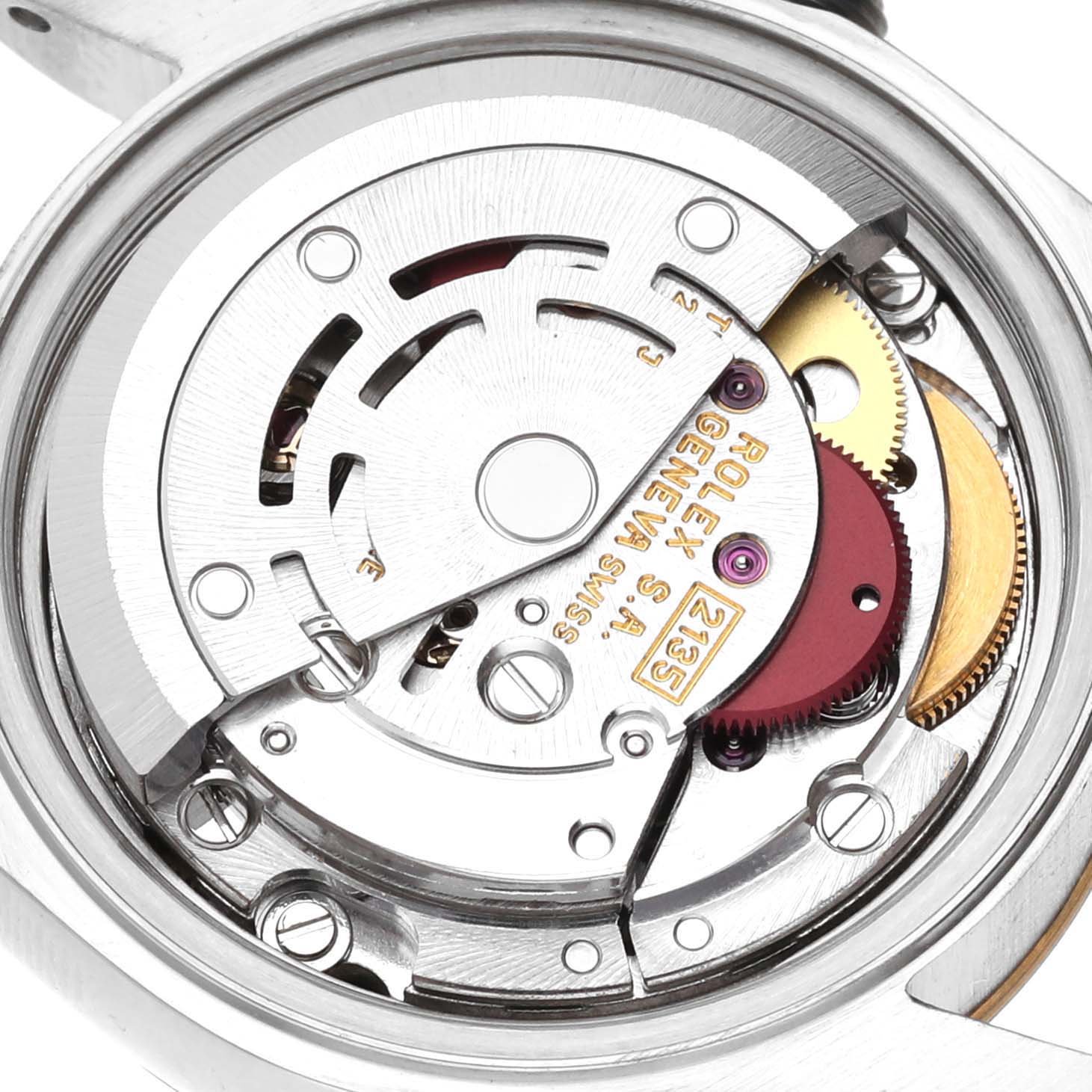 This image shows a close-up of the Rolex Datejust 69173G Women's Steel and Gold (two tone) Champagne Dial 69173G Women's Steel and Gold (two tone) Champagne Dial model's internal watch movement components.