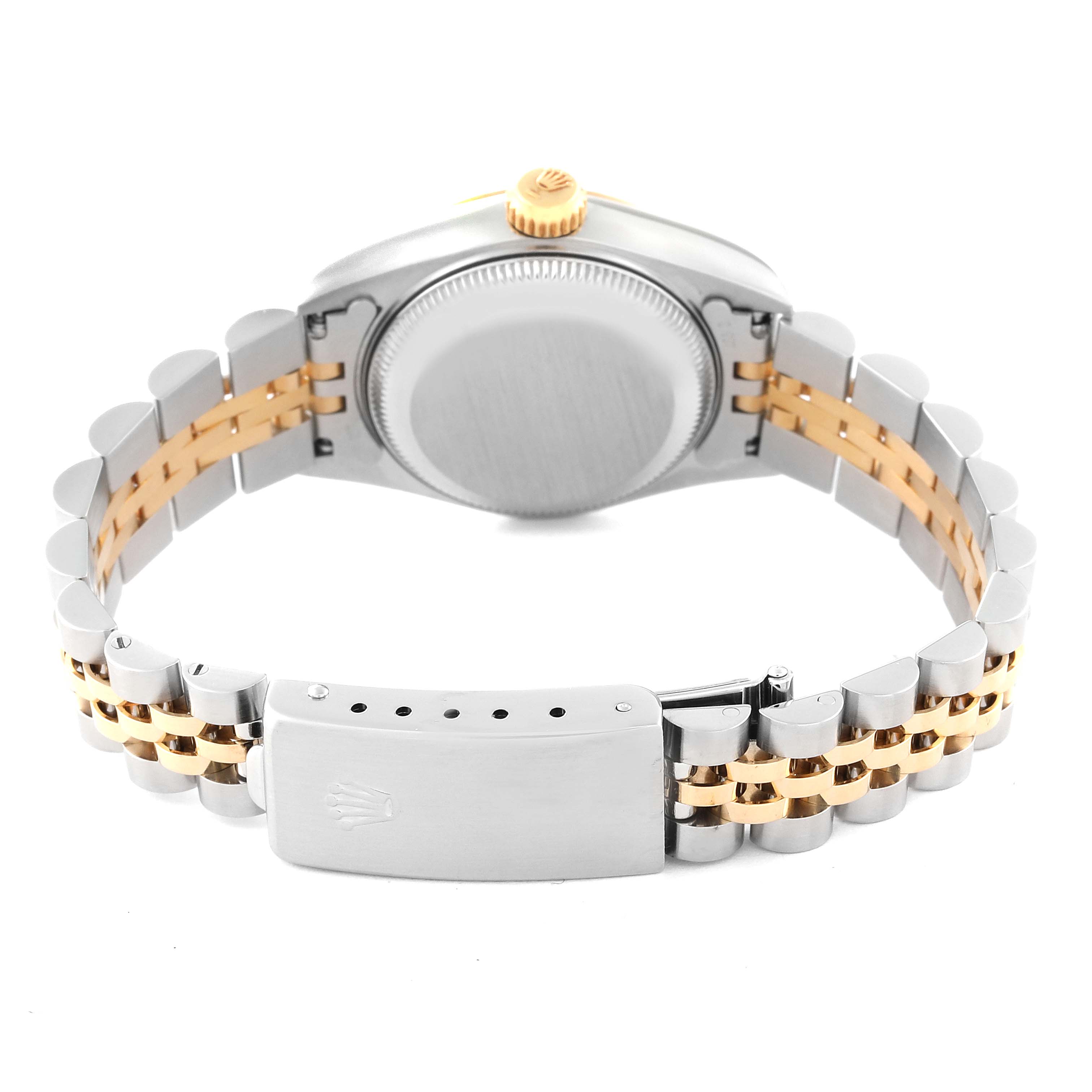 The image shows a Rolex Datejust 69173G Women's Steel and Gold (two tone) Champagne Dial 69173G Women's Steel and Gold (two tone) Champagne Dial watch from the back, highlighting its clasp, case back, and two-tone bracelet.