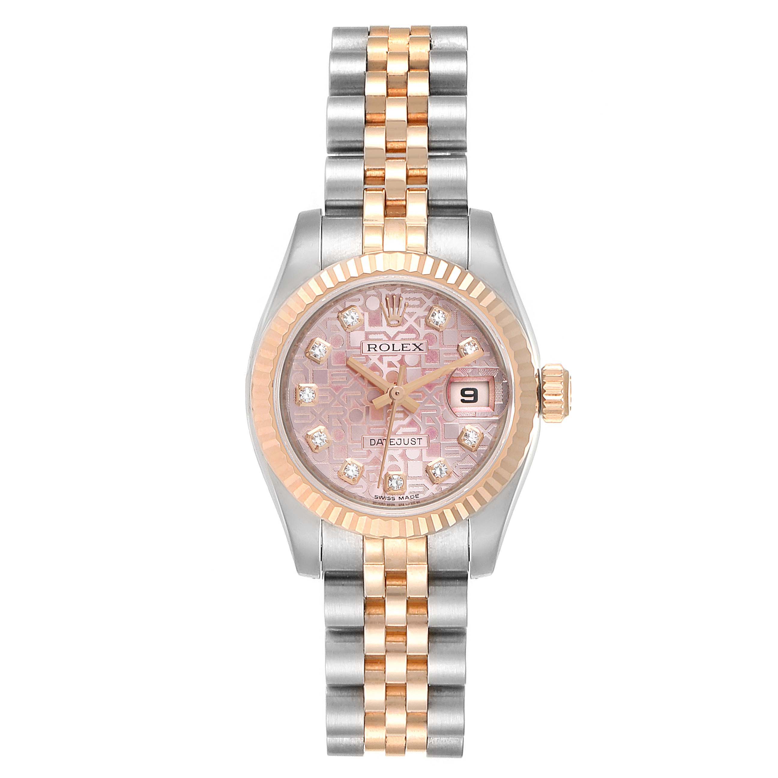 This image shows a front view of a Rolex Datejust 179171 Women
s Steel and Gold (two tone) Pink Dial 179171 Women
s Steel and Gold (two tone) Pink Dial watch, displaying its face, bezel, dial, and bracelet.