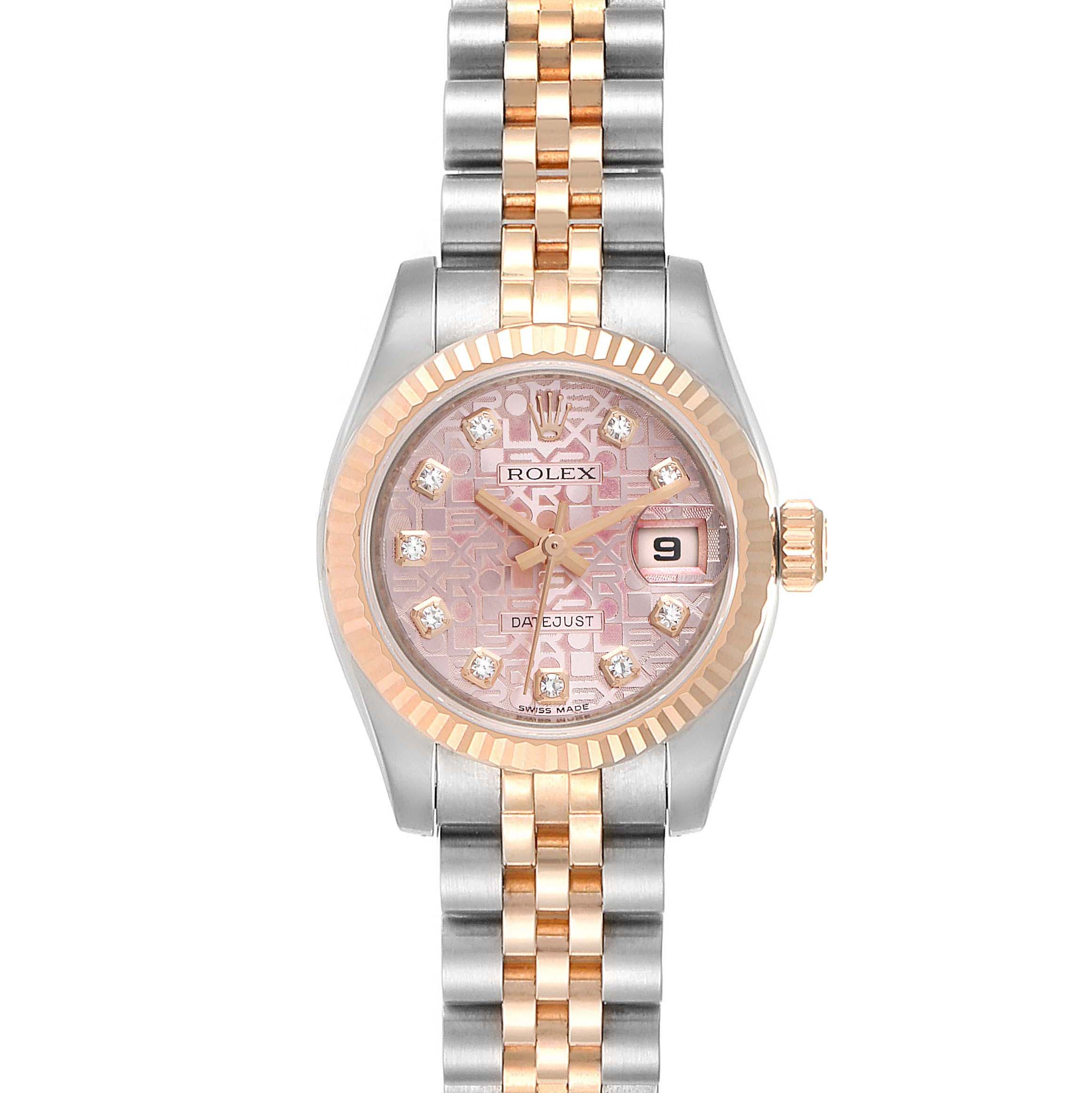 This image shows a front view of a Rolex Datejust 179171 Women
s Steel and Gold (two tone) Pink Dial 179171 Women
s Steel and Gold (two tone) Pink Dial watch with a two-tone bracelet and a pink dial.