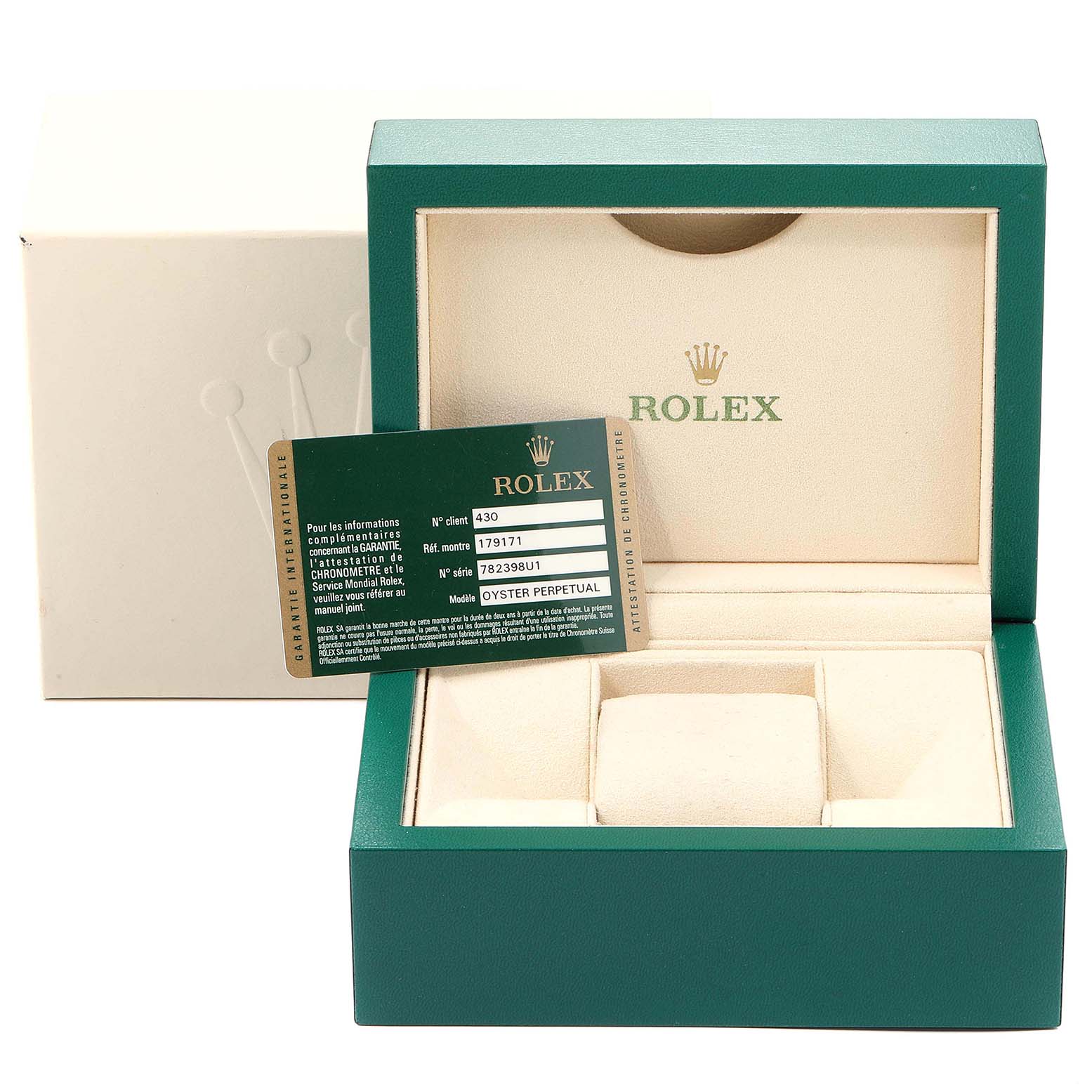 The image shows a Rolex Datejust 179171 Women
s Steel and Gold (two tone) Pink Dial 179171 Women
s Steel and Gold (two tone) Pink Dial watch box, including the packaging and Best Quality
ation card, viewed from the front.