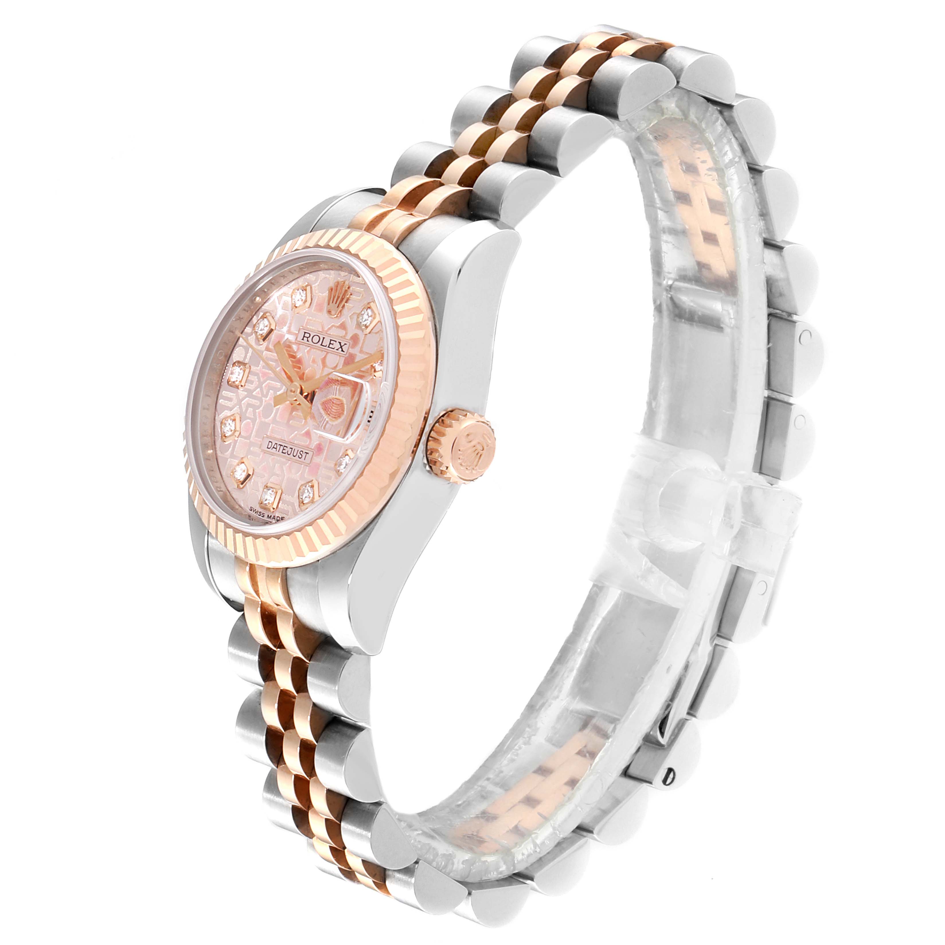 The Rolex Datejust 179171 Women
s Steel and Gold (two tone) Pink Dial 179171 Women
s Steel and Gold (two tone) Pink Dial watch is shown at a side angle, highlighting its dial, bezel, case, and bracelet.