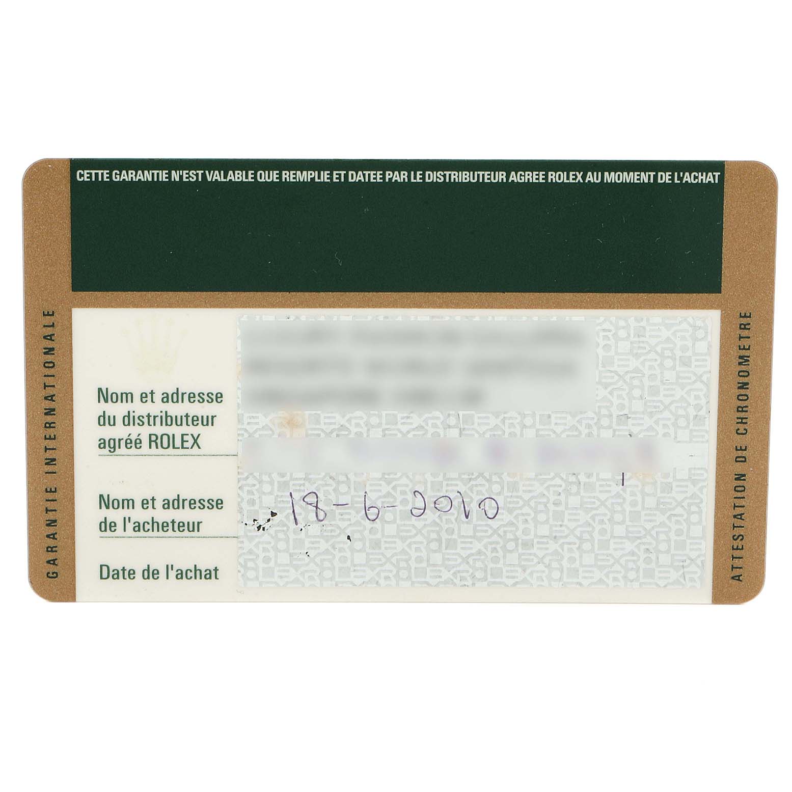 The image shows a warranty card for the Rolex Datejust 179171 Women
s Steel and Gold (two tone) Pink Dial 179171 Women
s Steel and Gold (two tone) Pink Dial model.