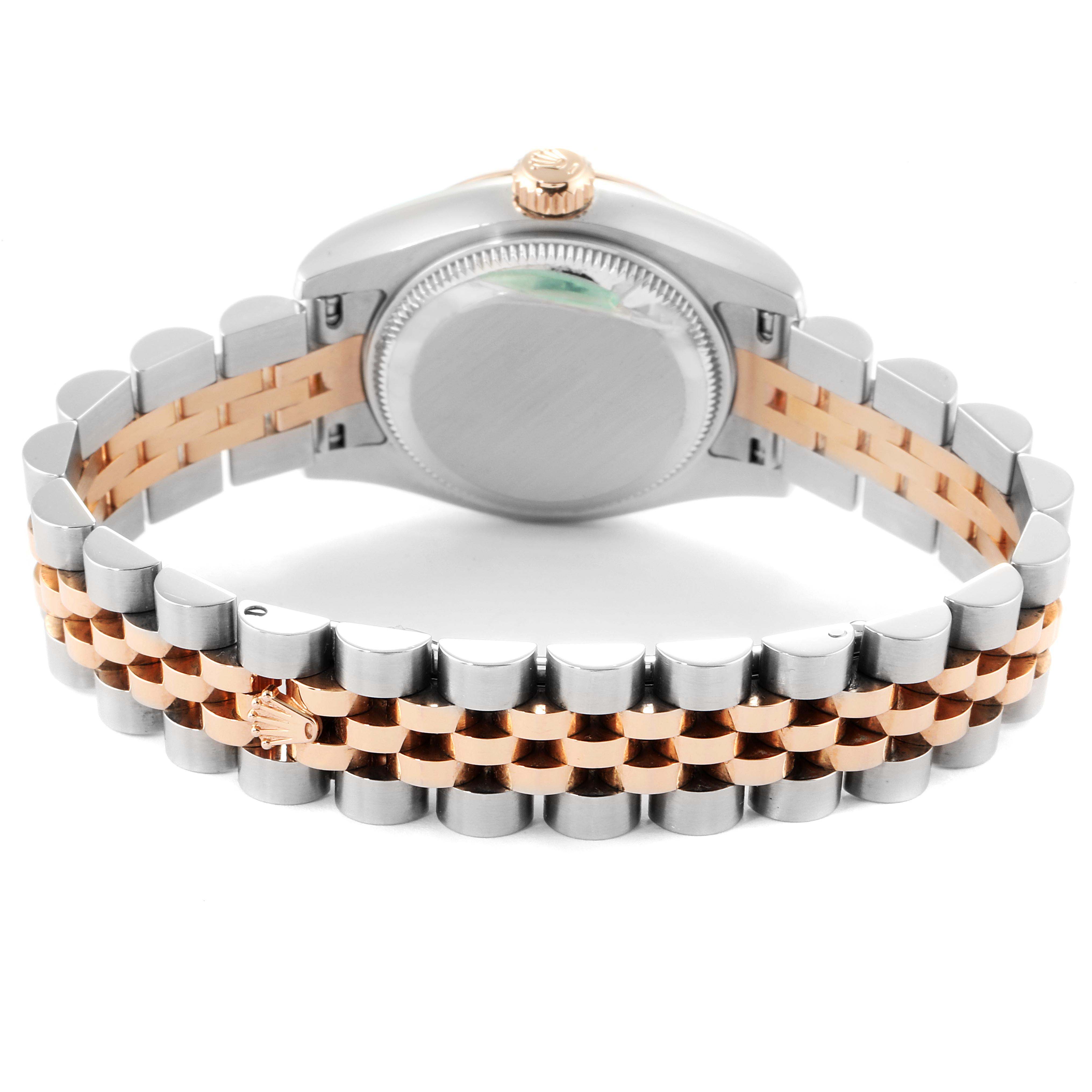 The image shows the back view of a Rolex Datejust 179171 Women
s Steel and Gold (two tone) Pink Dial 179171 Women
s Steel and Gold (two tone) Pink Dial watch, highlighting the case back and two-tone bracelet.