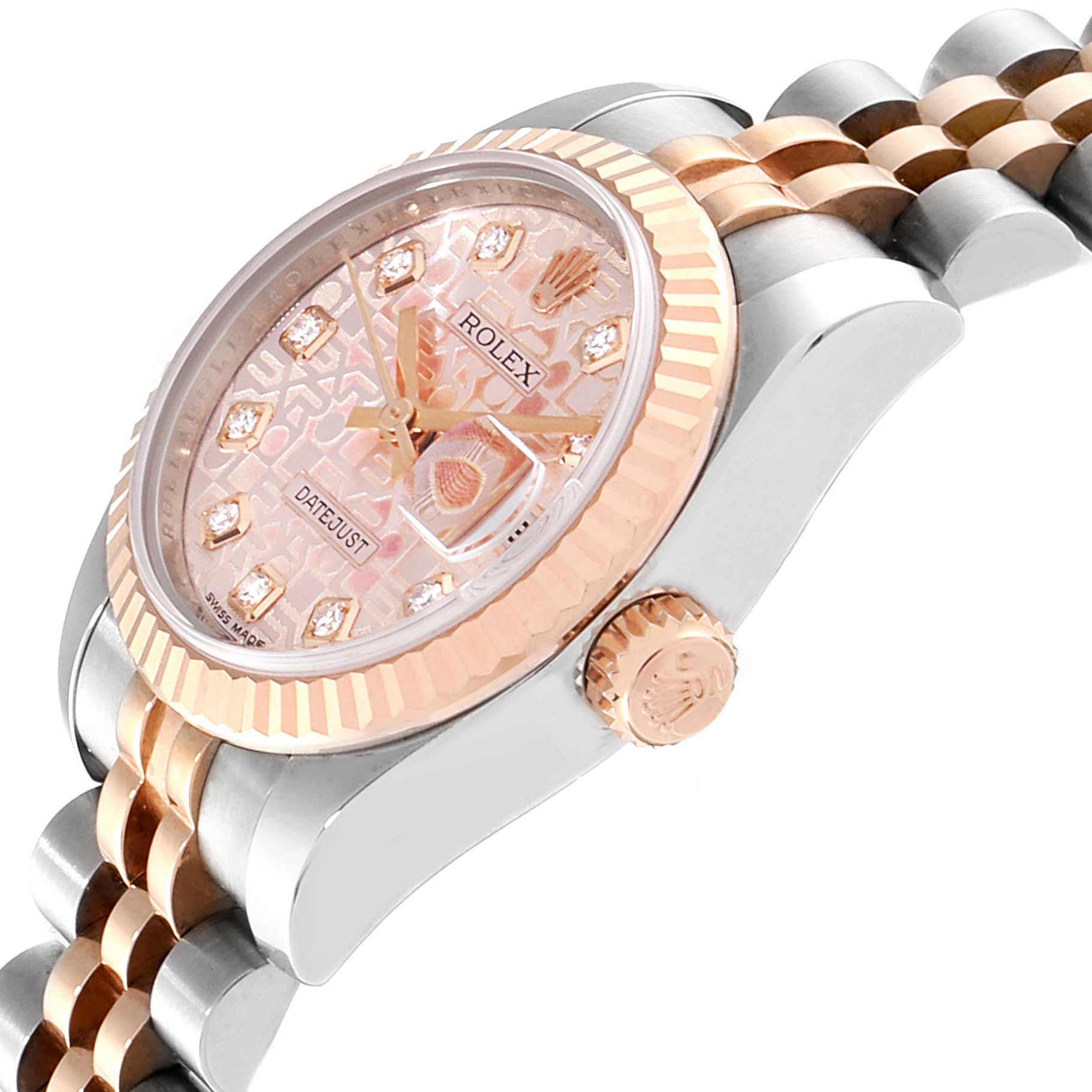 The image shows a close-up side angle of the Rolex Datejust 179171 Women
s Steel and Gold (two tone) Pink Dial 179171 Women
s Steel and Gold (two tone) Pink Dial watch, highlighting the dial, crown, and part of the bracelet.