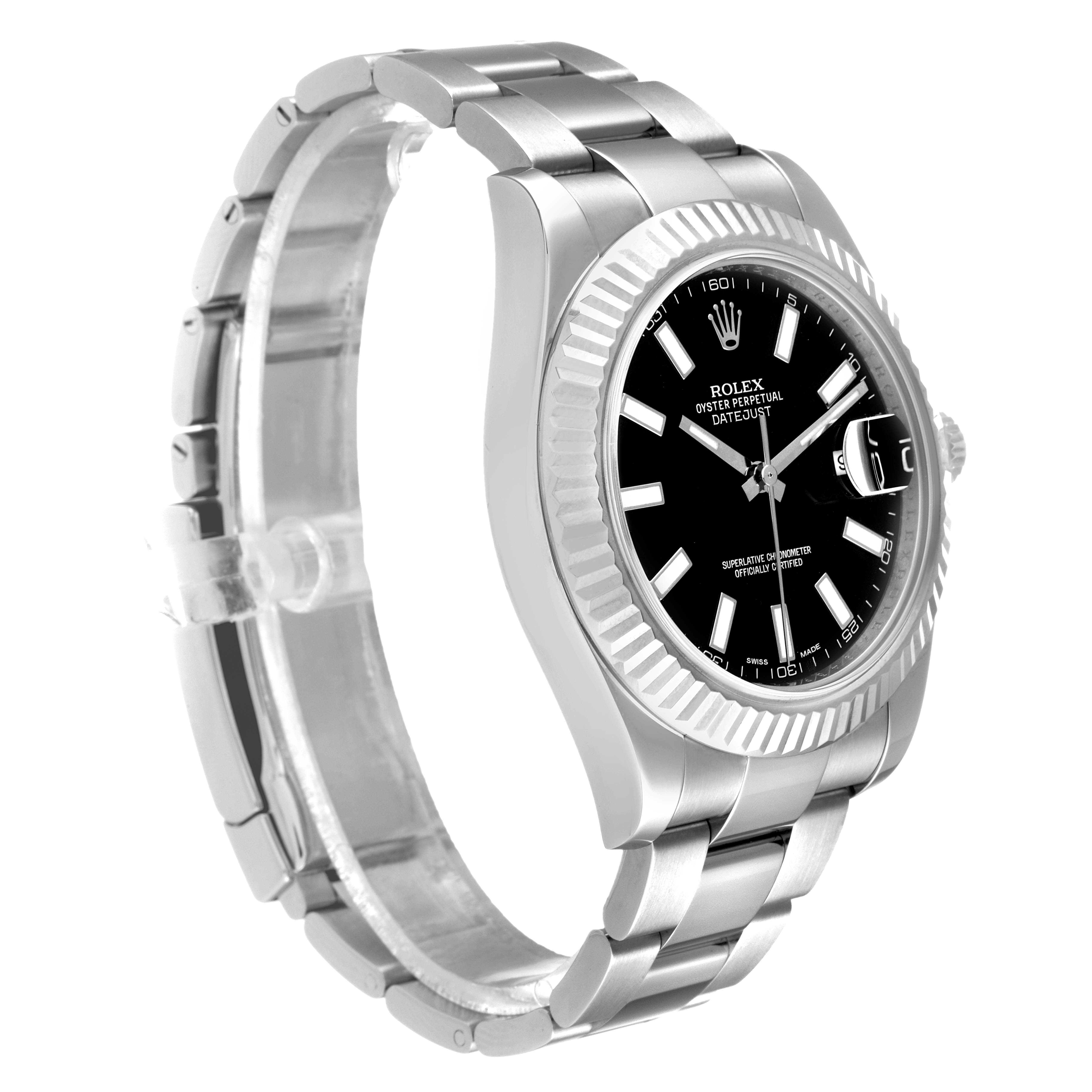 The image shows a Rolex Datejust 41 116334 Men's Stainless Steel Black Dial 116334 Men's Stainless Steel Black Dial watch from a slightly angled front view, highlighting its dial, bezel, and bracelet.