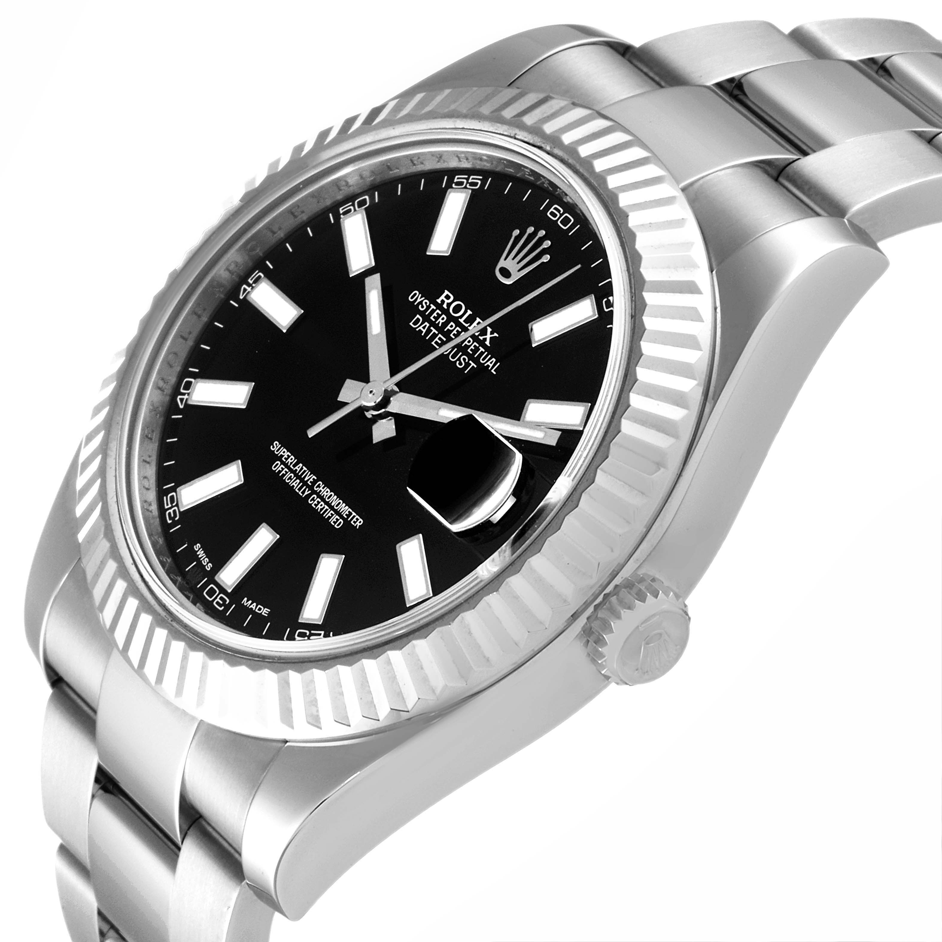 This image shows a side-angle view of the Rolex Datejust 41 116334 Men's Stainless Steel Black Dial 116334 Men's Stainless Steel Black Dial, highlighting the crown, bezel, and bracelet.