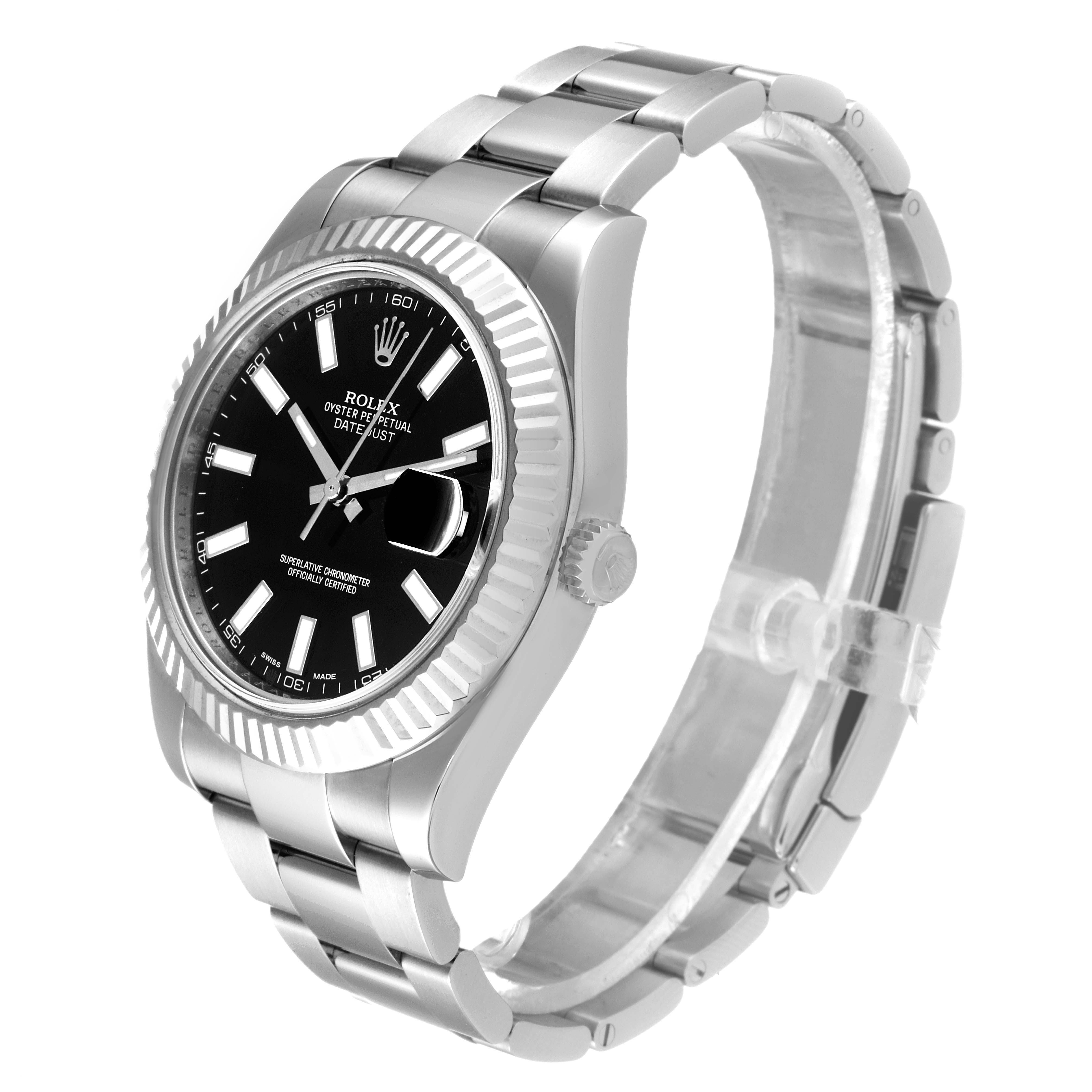 A Rolex Datejust 41 116334 Men's Stainless Steel Black Dial 116334 Men's Stainless Steel Black Dial, shown at a three-quarter angle, displays its bracelet, watch face, bezel, and crown.