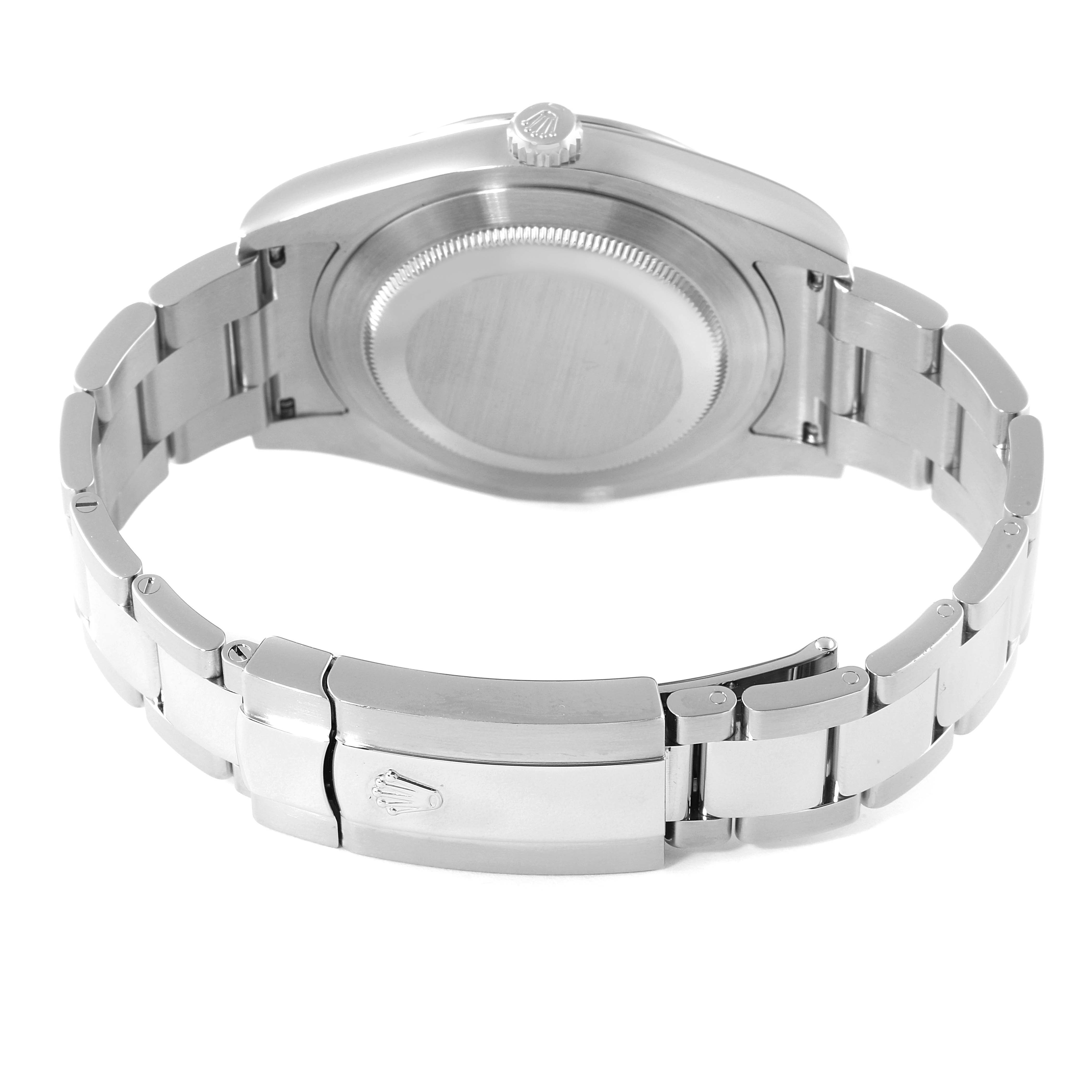 This is a rear view of the Rolex Datejust 41 116334 Men's Stainless Steel Black Dial 116334 Men's Stainless Steel Black Dial model, showcasing its closed case back and metal bracelet with a clasp.