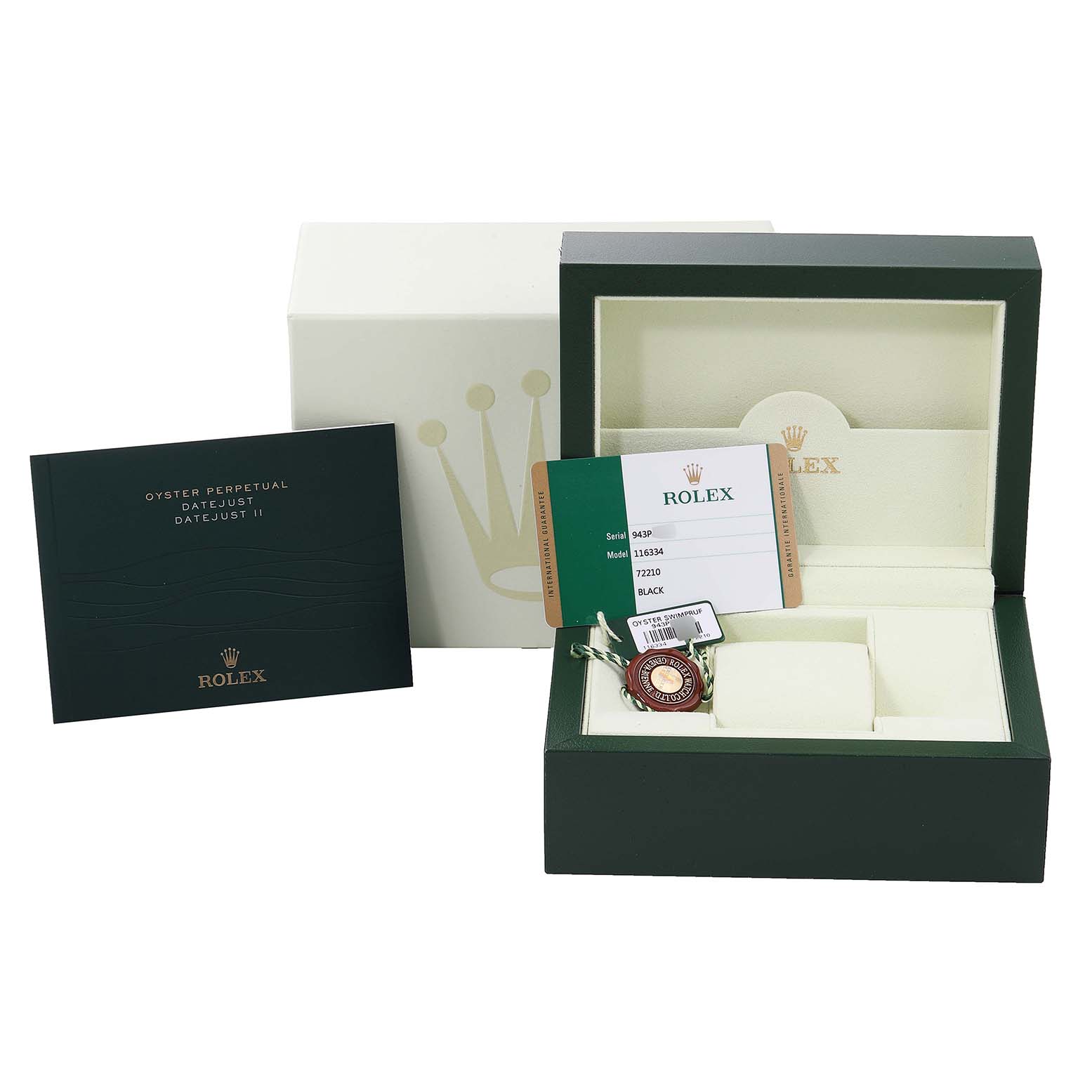 This image shows the accessories for a Rolex Datejust 41 116334 Men's Stainless Steel Black Dial 116334 Men's Stainless Steel Black Dial, including the box, warranty card, tag, and instruction manual.