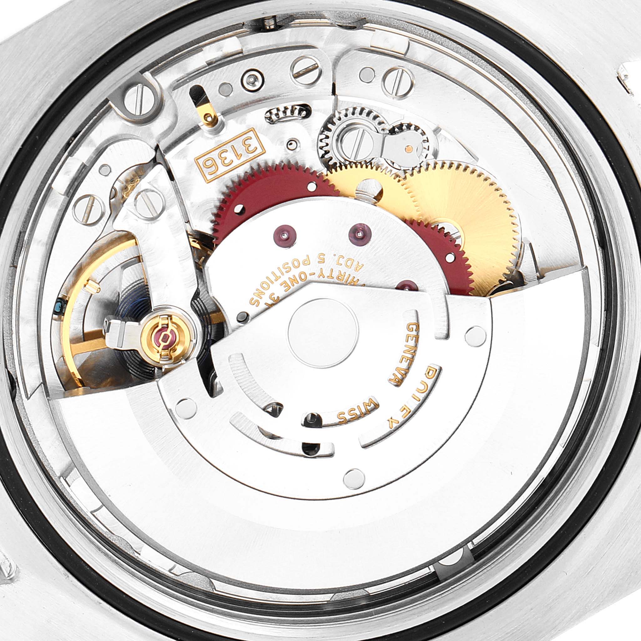 This image shows the mechanical movement of the Rolex Datejust 41 116334 Men's Stainless Steel Black Dial 116334 Men's Stainless Steel Black Dial watch from a close-up, internal angle.