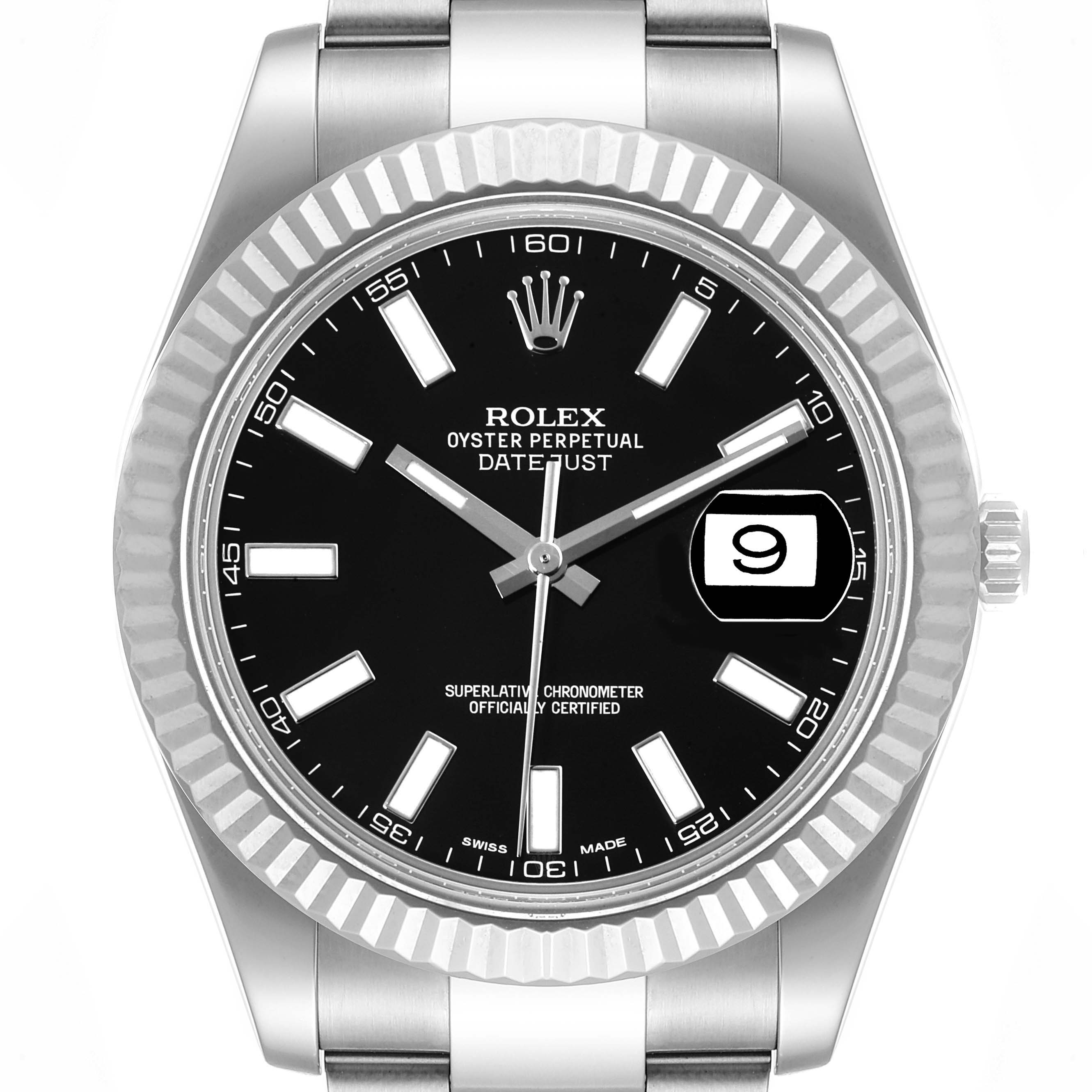 The image shows a front view of the Rolex Datejust 41 116334 Men's Stainless Steel Black Dial 116334 Men's Stainless Steel Black Dial watch, highlighting the dial, fluted bezel, and bracelet.