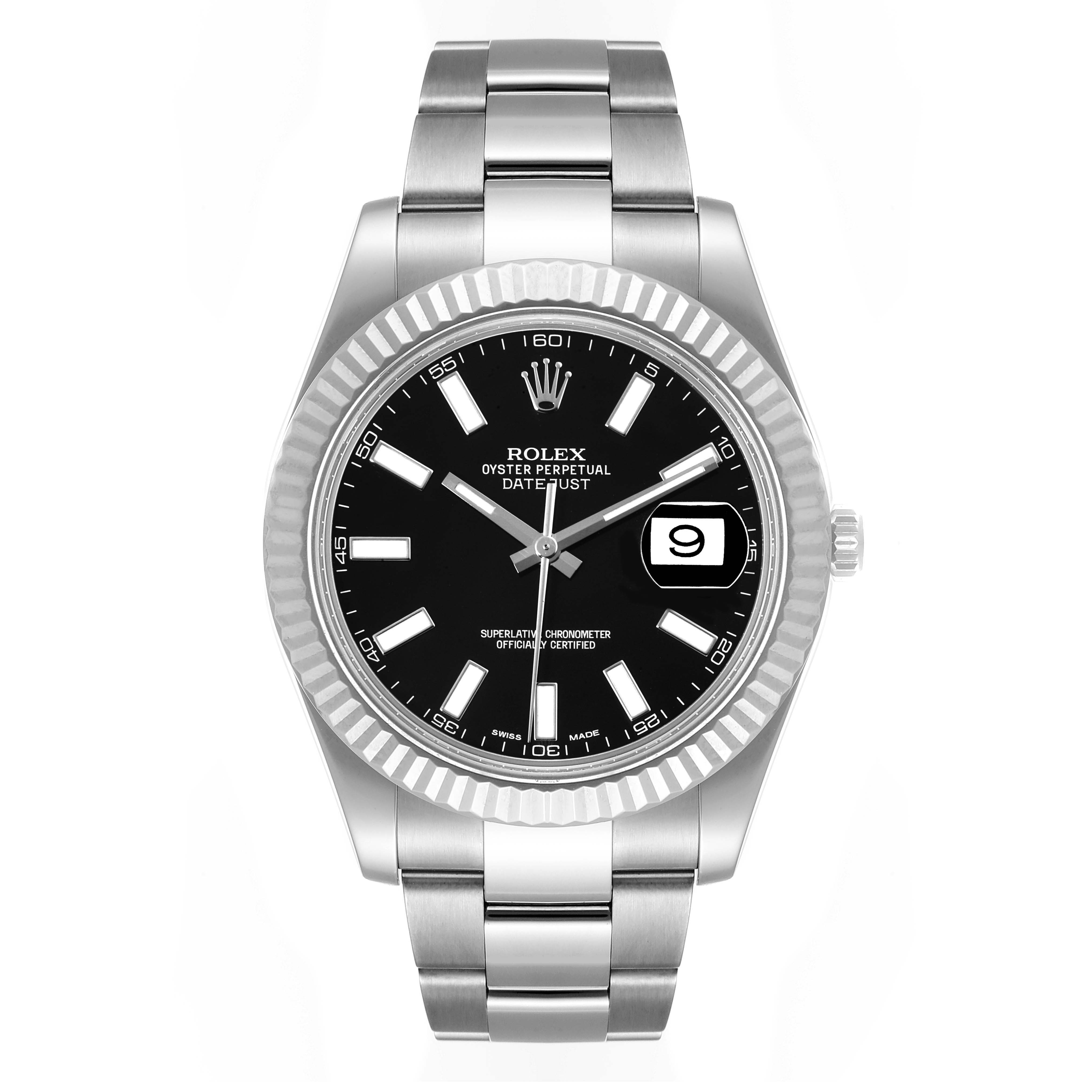 This image shows a front view of the Rolex Datejust 41 116334 Men's Stainless Steel Black Dial 116334 Men's Stainless Steel Black Dial watch, highlighting the black dial, date window, and stainless steel bracelet.