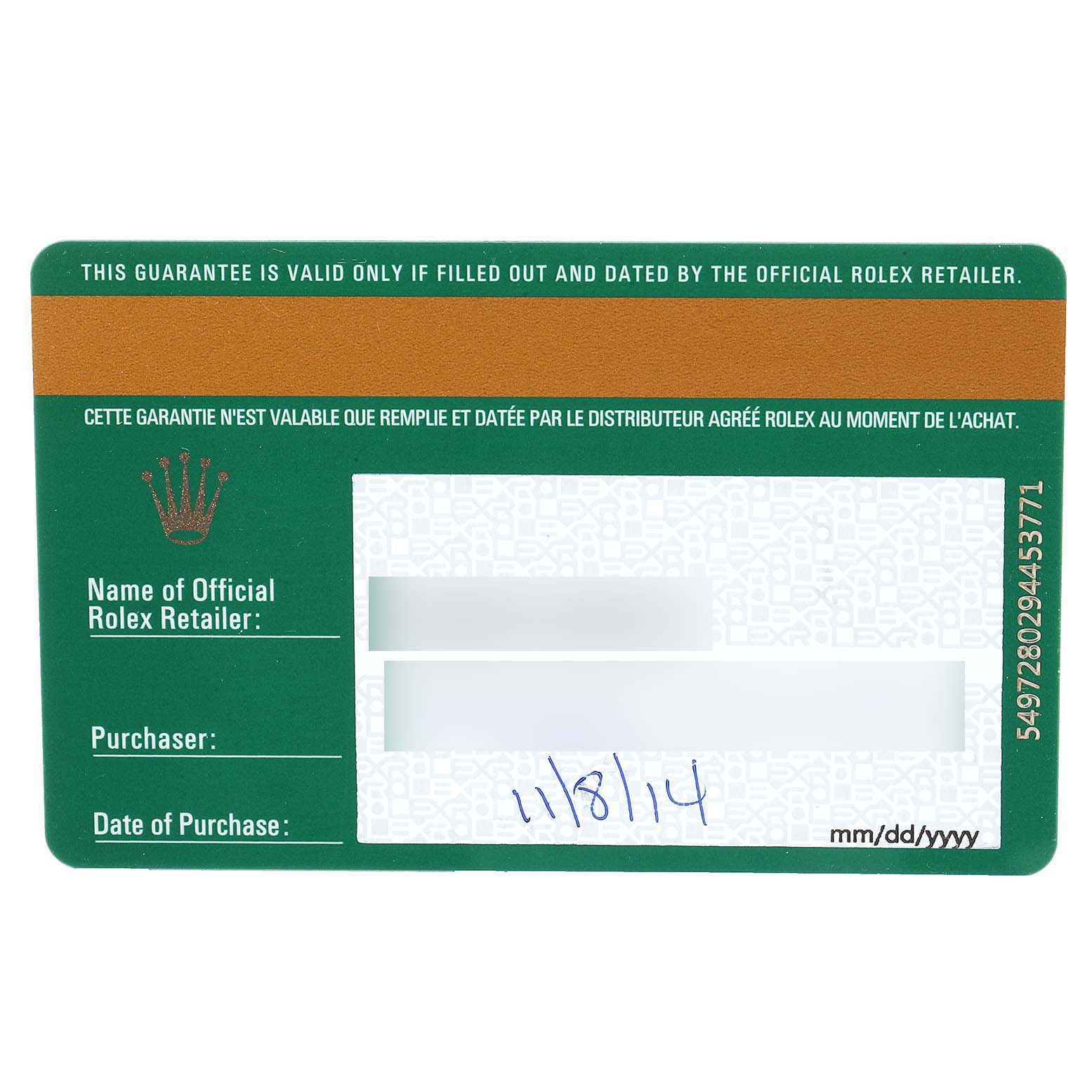 This image shows the warranty card for the Rolex Datejust 41 116334 Men's Stainless Steel Black Dial 116334 Men's Stainless Steel Black Dial model, with fields for the retailer, purchaser, and date of purchase.