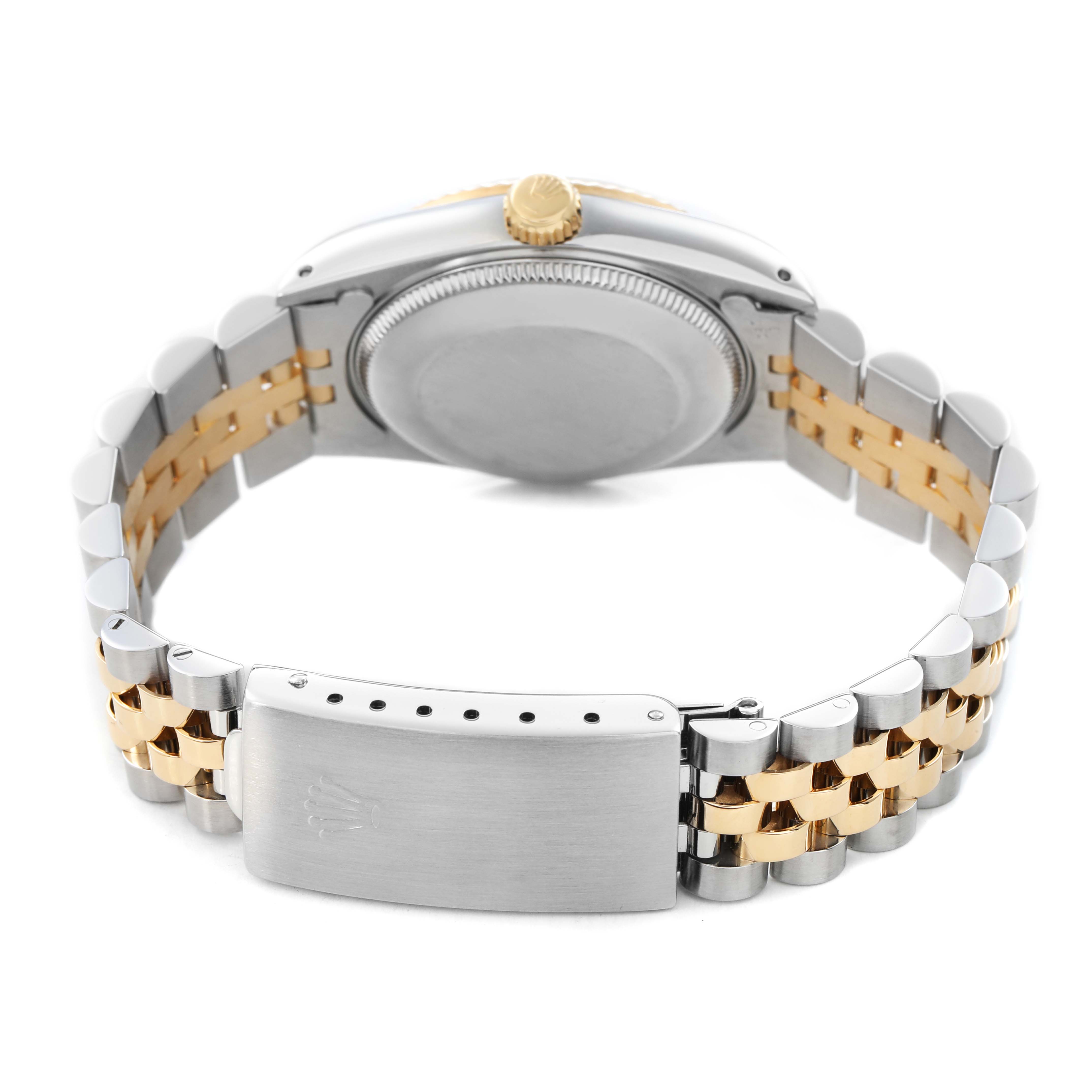 The Rolex Mid-Size 68273 Women's Steel and Gold (two tone) Champagne Dial watch is shown from the back, highlighting the case back, crown, and two-tone bracelet with clasp.