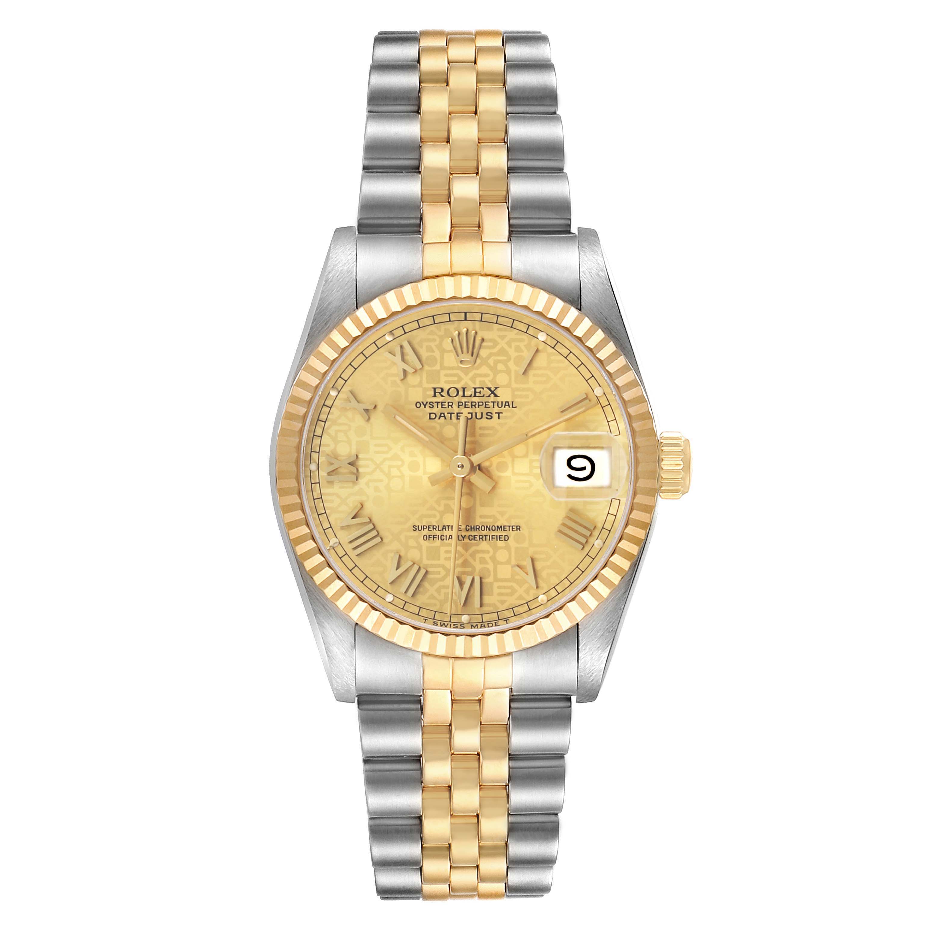 The Rolex Mid-Size 68273 Women's Steel and Gold (two tone) Champagne Dial watch is shown from a top-down angle, highlighting its gold and silver bracelet, gold bezel, and dial with date feature.