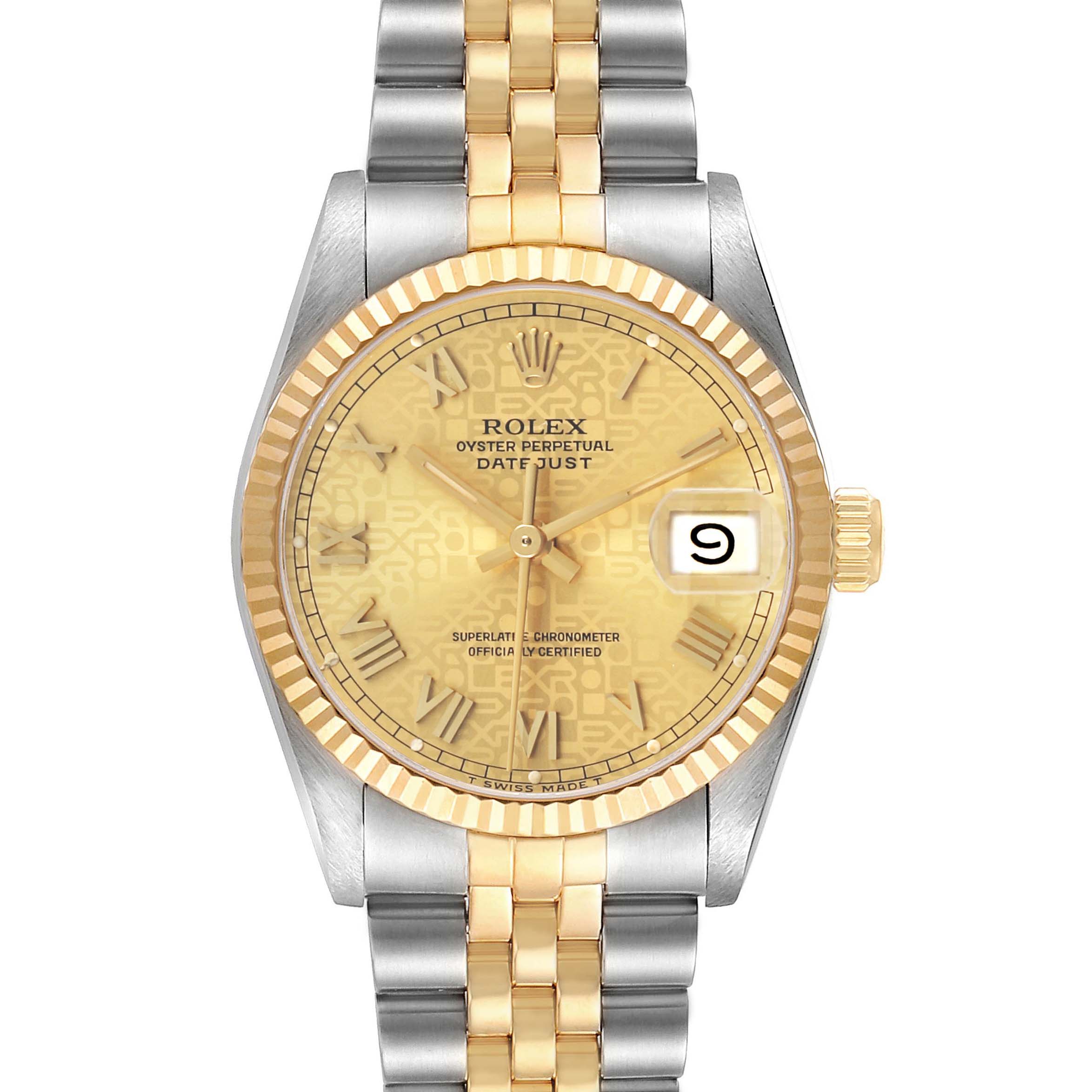 The Rolex Mid-Size 68273 Women's Steel and Gold (two tone) Champagne Dial Datejust watch is shown from the front, featuring the full dial, bezel, and partial bracelet.