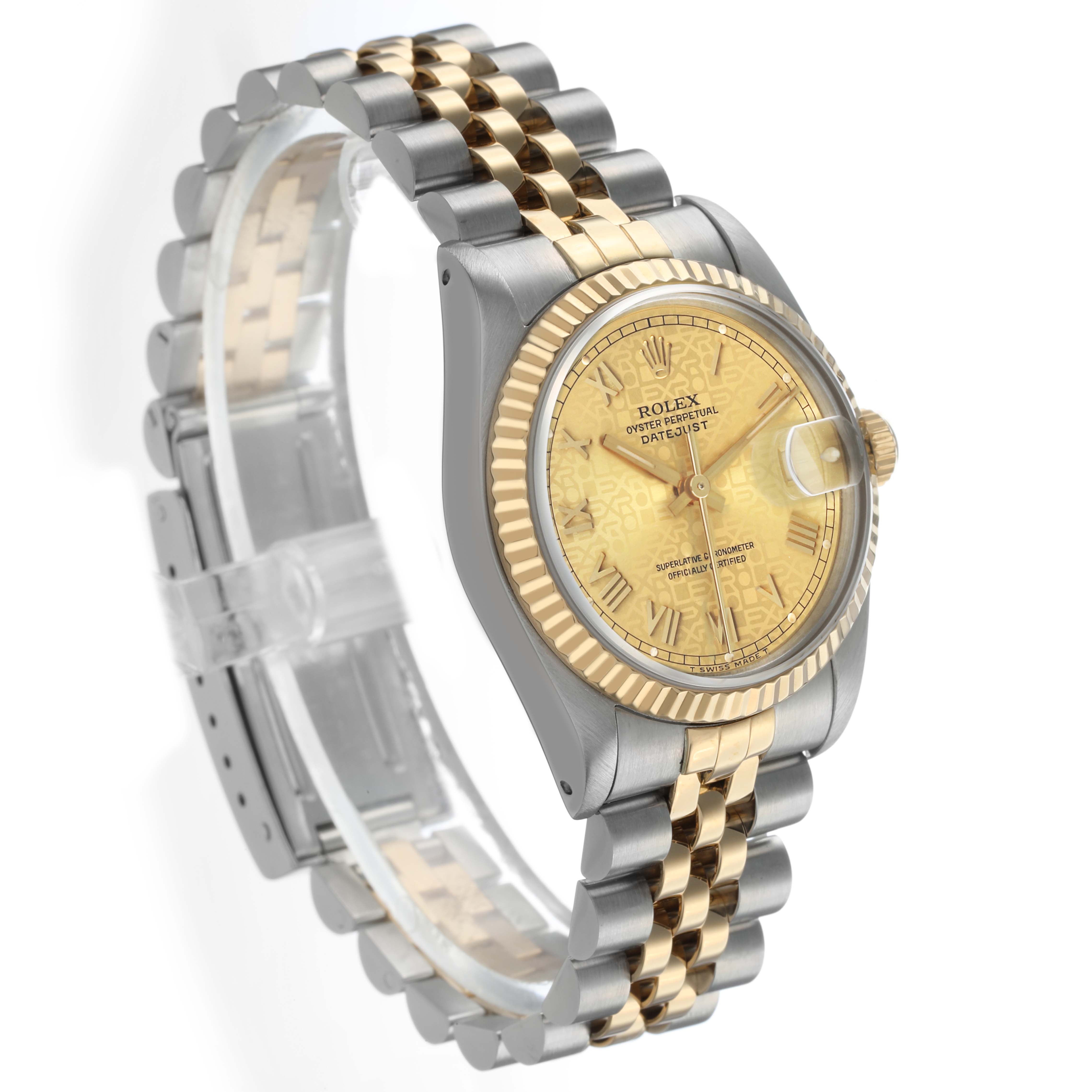 The Rolex Mid-Size 68273 Women's Steel and Gold (two tone) Champagne Dial watch is shown at a three-quarter angle, highlighting its bi-metal bracelet, gold dial, and fluted bezel.