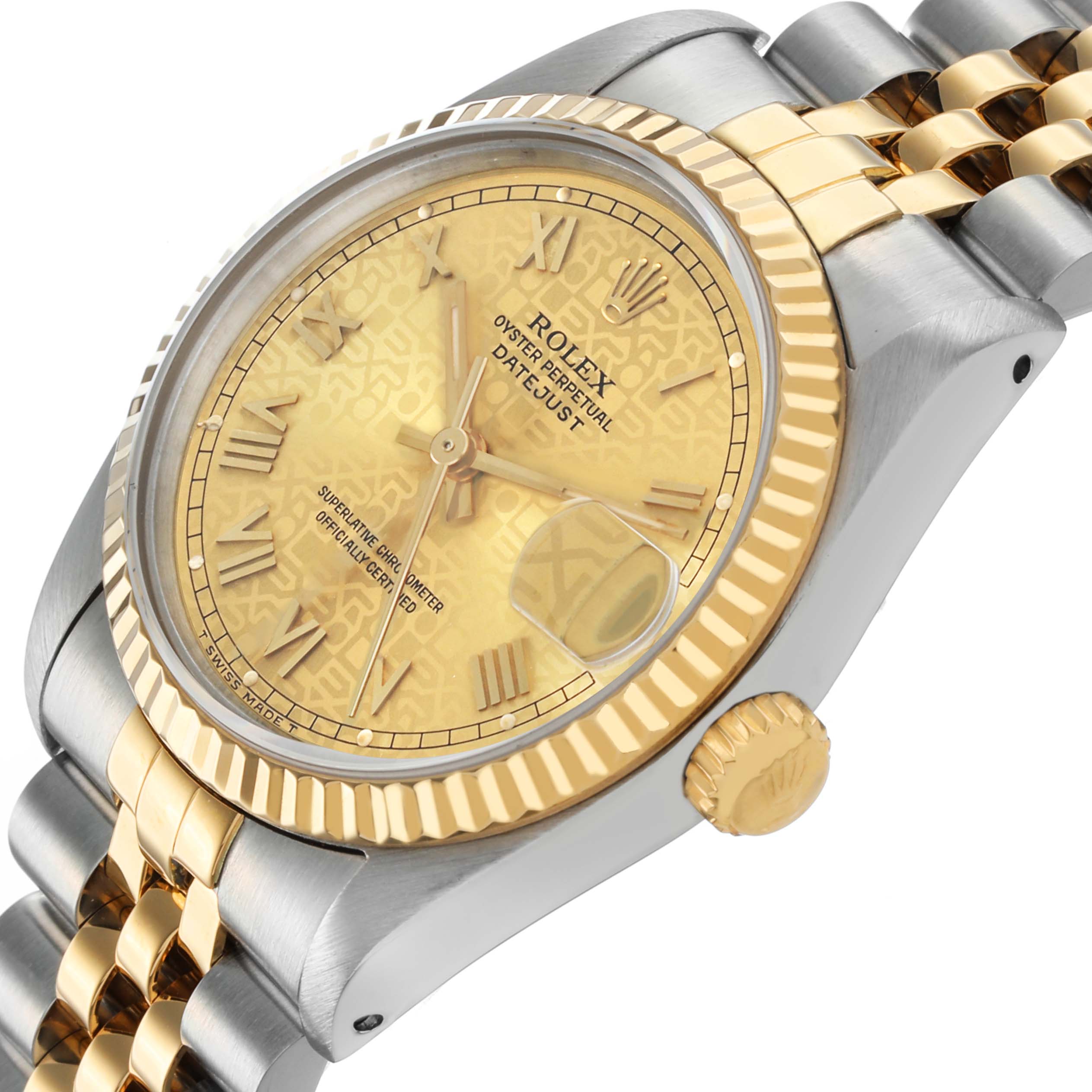 The image shows a Rolex Datejust Mid-Size watch at an angled view, highlighting the gold and silver bracelet, fluted bezel, and crown.