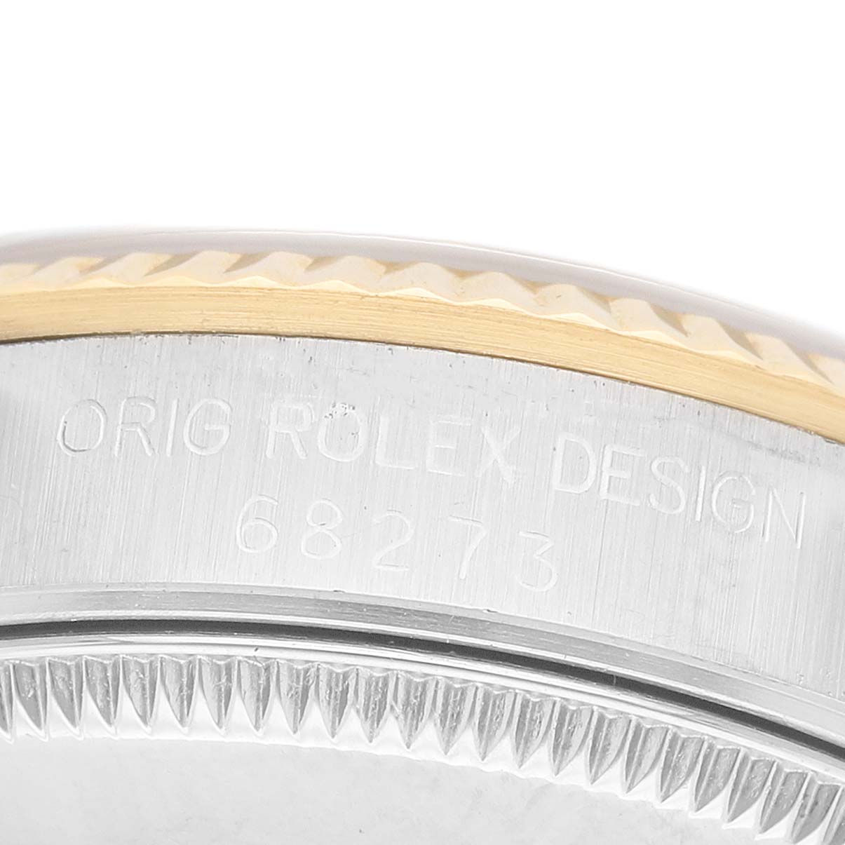 The image shows a side view of the case with the engraved model number "68273" on the Rolex Mid-Size 68273 Women's Steel and Gold (two tone) Champagne Dial watch.